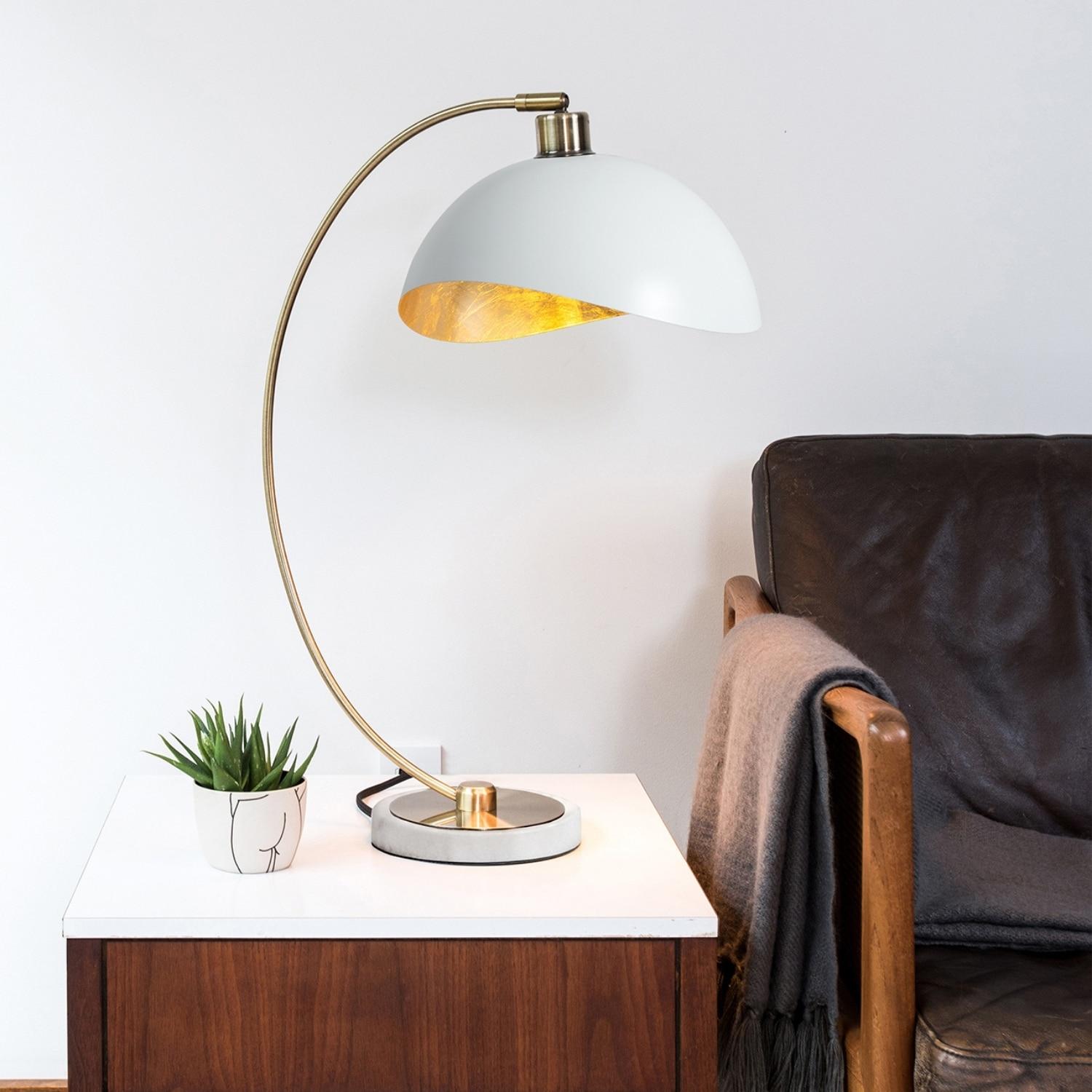 Nova of California Luna Bella Table Lamp - 28", Weathered Brass, Matte White/Gold Leaf Shade, Marble Base, Dimmer Switch | AllModern
