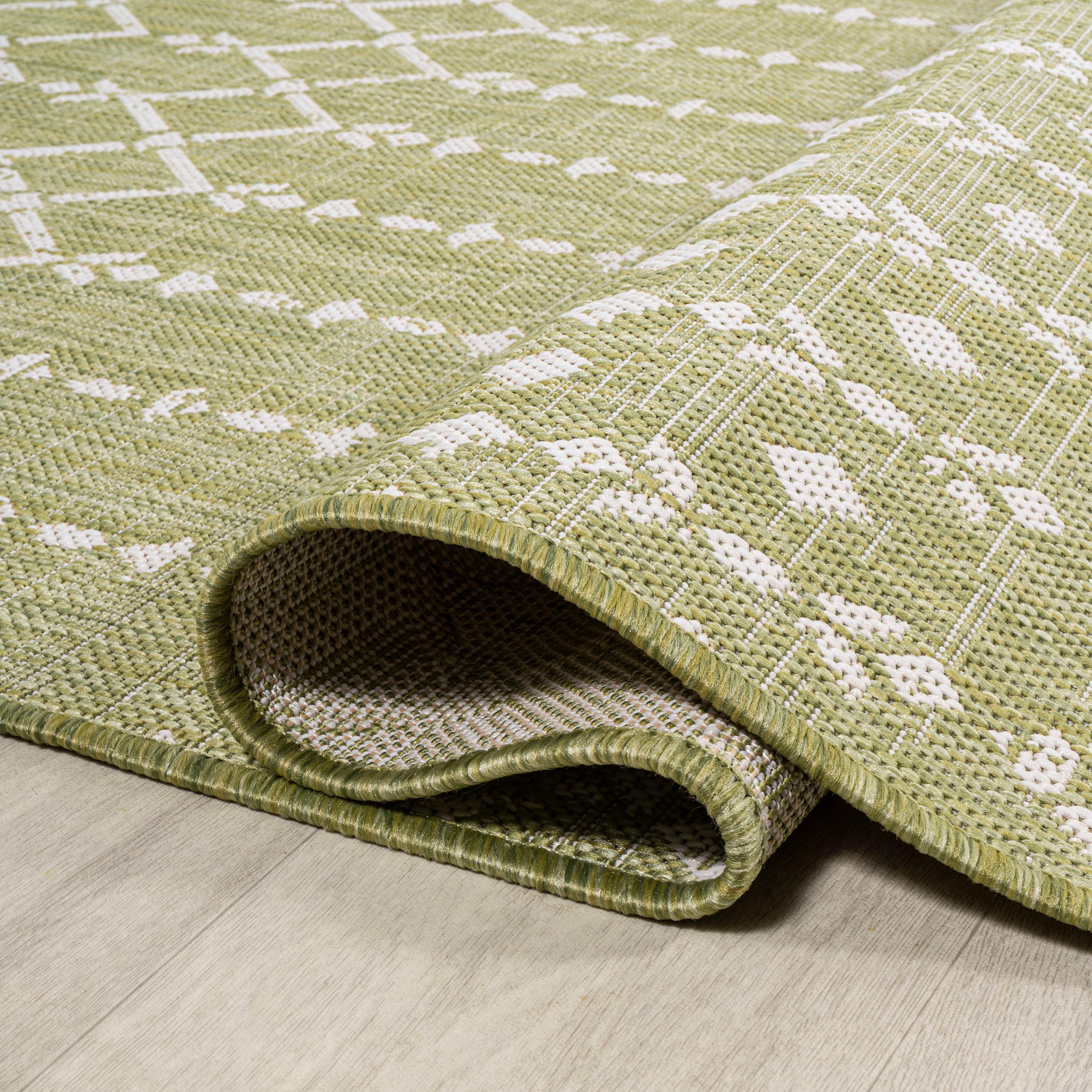 2' x 10' Ourika Moroccan Geometric Textured Weave Indoor/Outdoor Runner Rug, Light Green/Cream - JONATHAN Y