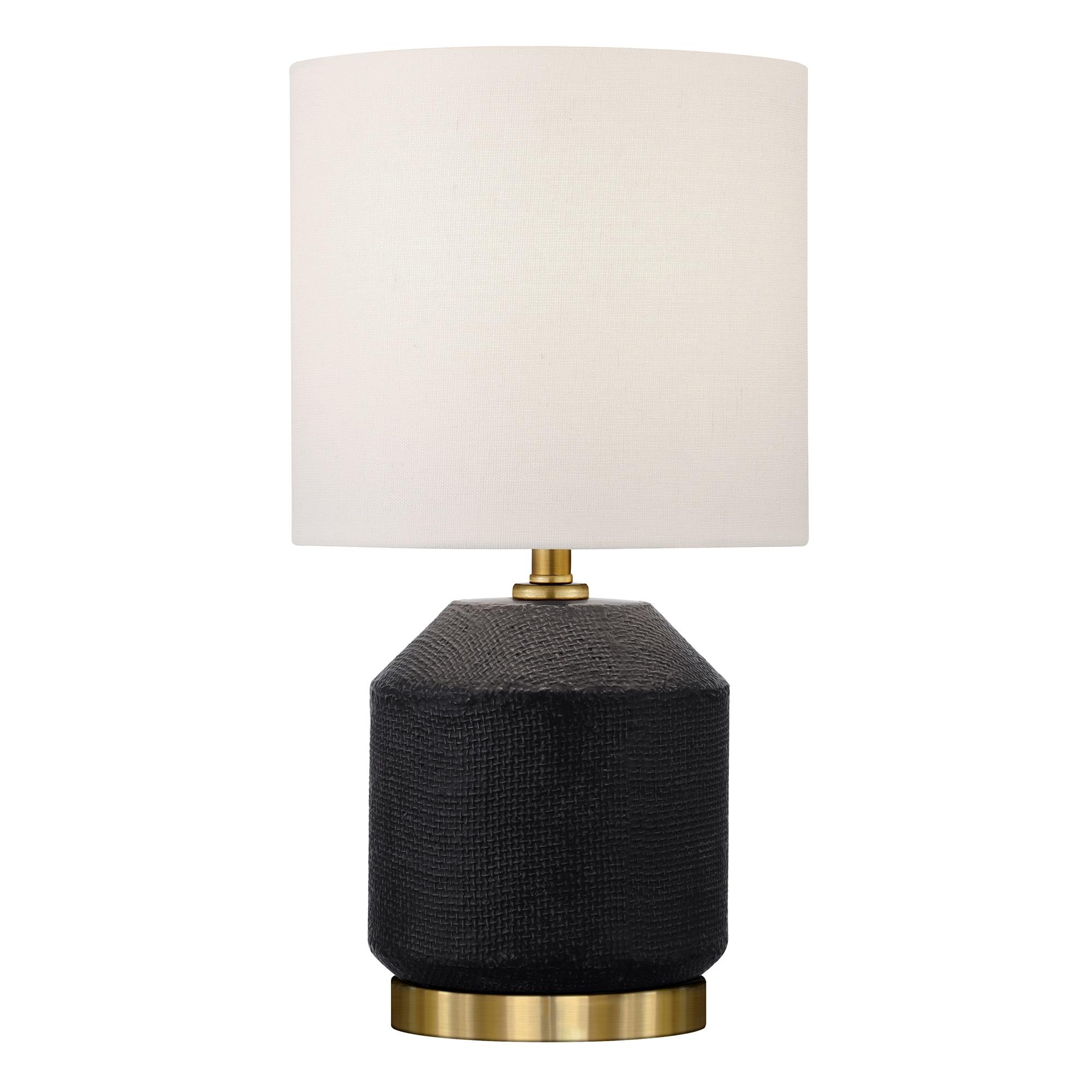 Evelyn&Zoe Esther 15" Tall Textured Ceramic Mini Lamp with Fabric Shade, Matte Black/Antique Brass/White