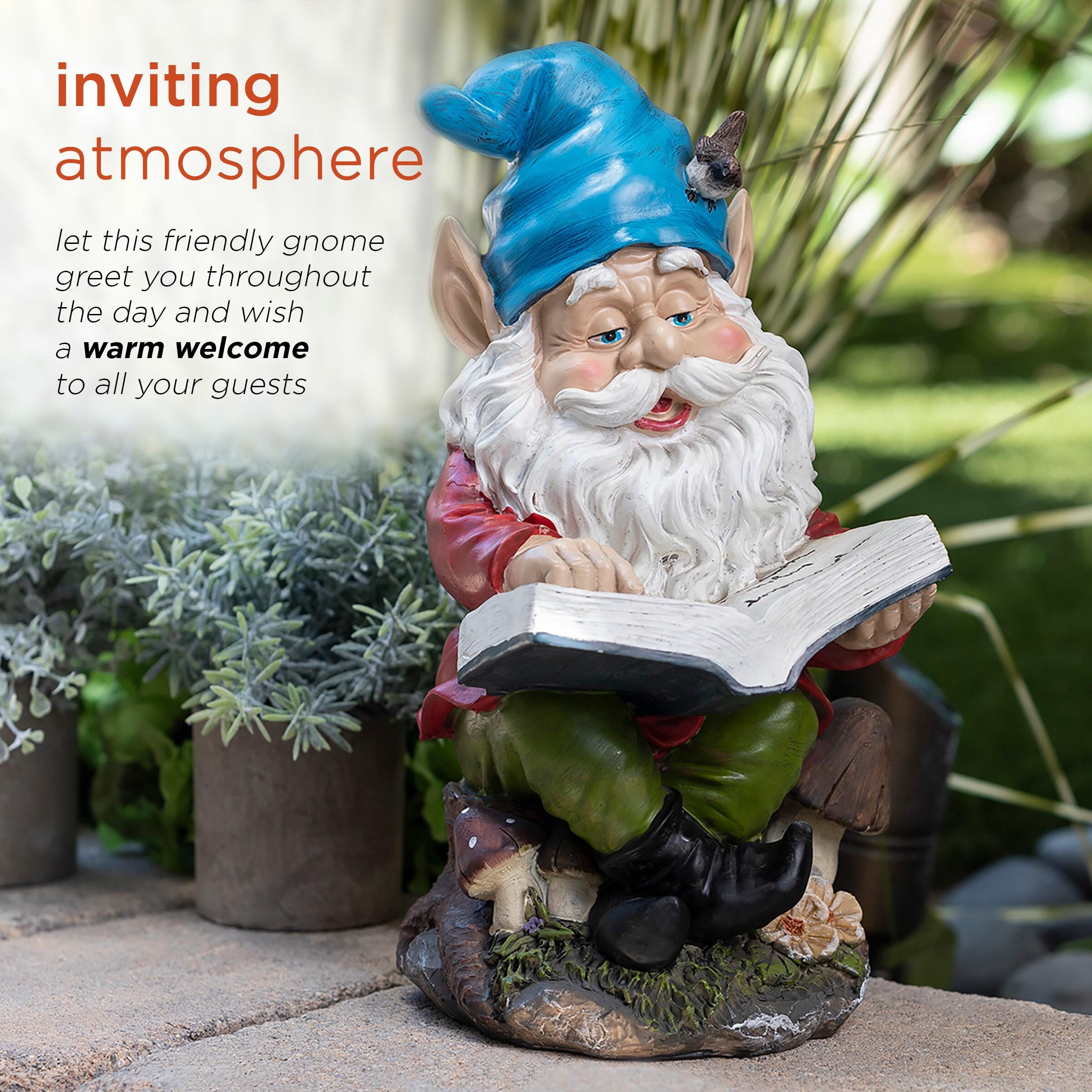 Alpine Corporation 14" Tall Outdoor Garden Gnome Reading a Book Yard Statue Decoration