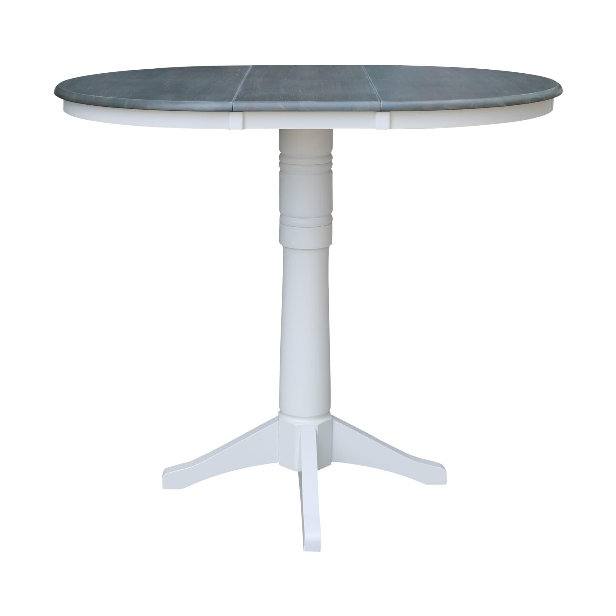 36 in. Round Top Pedestal Bar Height Table with 12 in. Leaf, White & Heather Gray