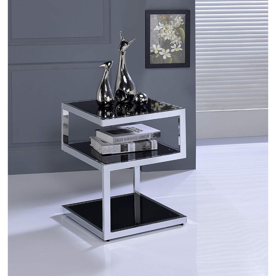 Black Glass And Chrome 3 Tier Shelves End Table