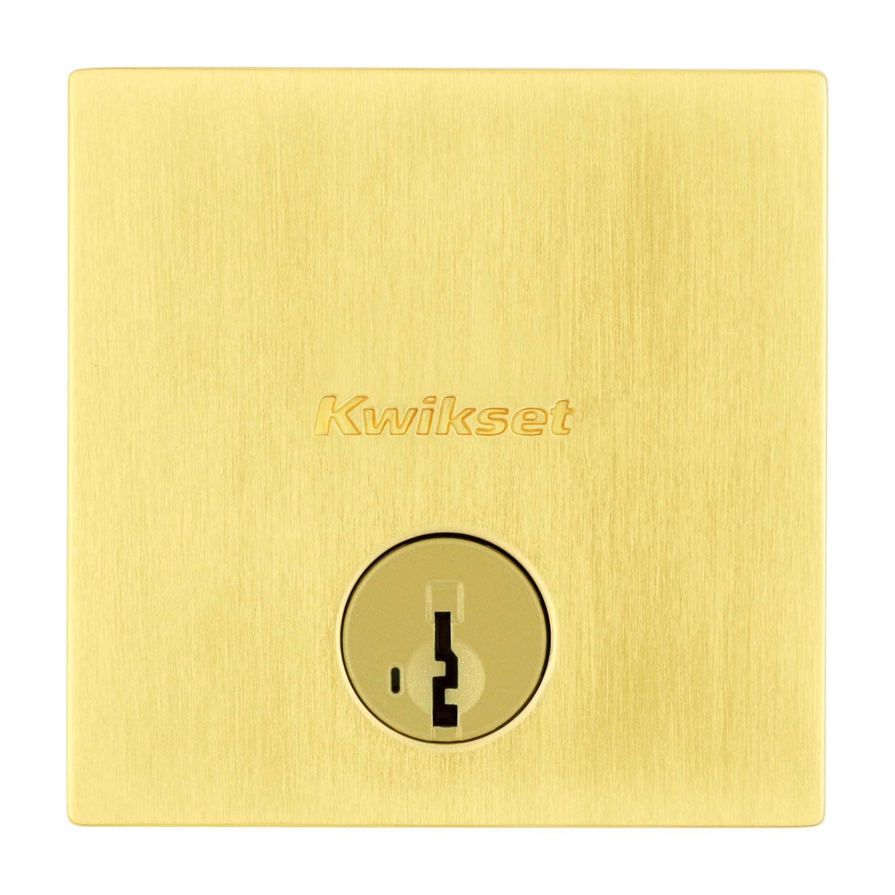 Kwikset Downtown Deadbolt Lock, Satin Brass Square Exterior Keyed Front Entry Door, Pick Resistant SmartKey Rekey Security, Single Cylinder Dead Bolt, with Microban Protection