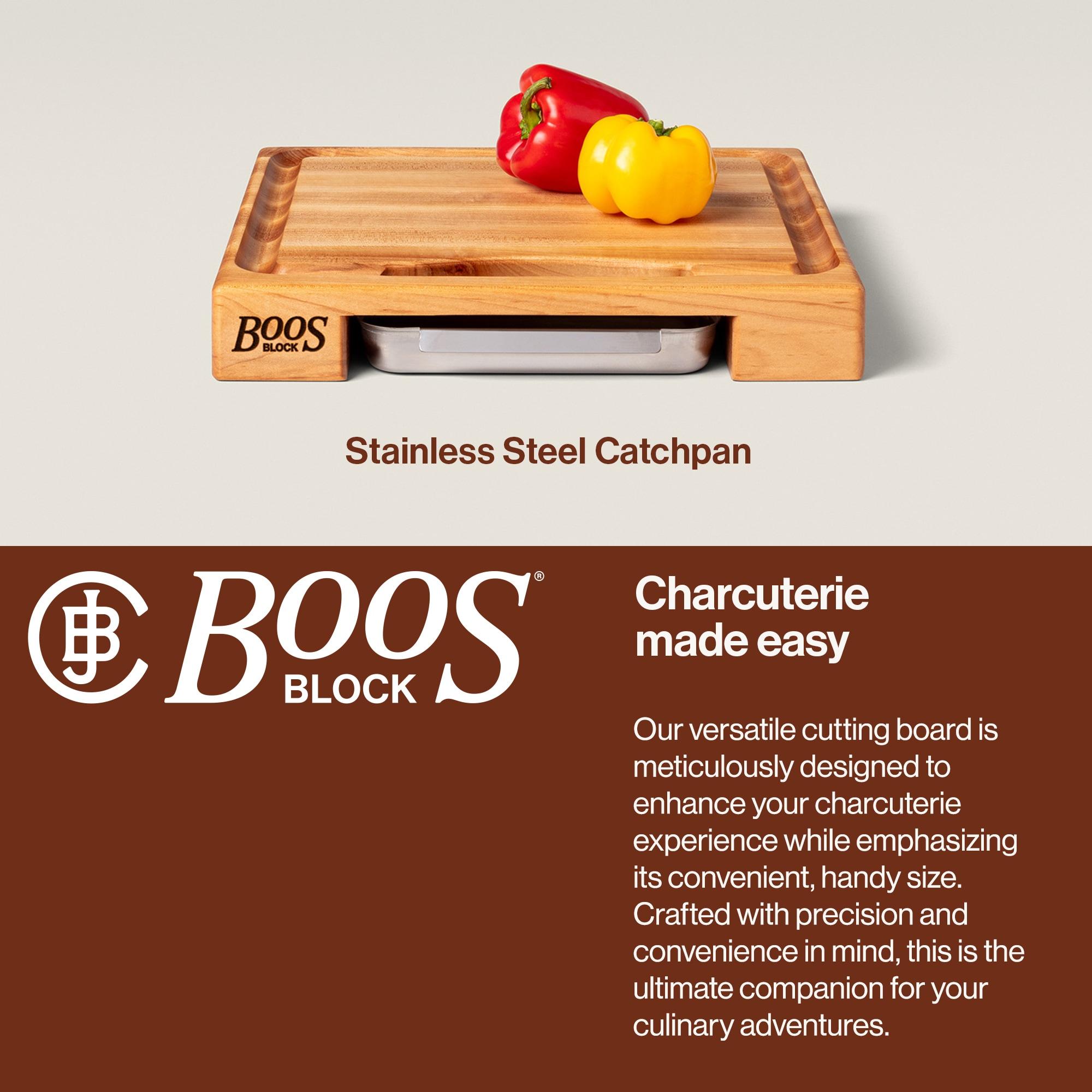 John Boos Boos Block Newton Prep Master Reversible Wood Cutting Board with Juice Groove and Pan, 2.25-Inch Thickness, 15" x 14" x 2 1/4", Maple