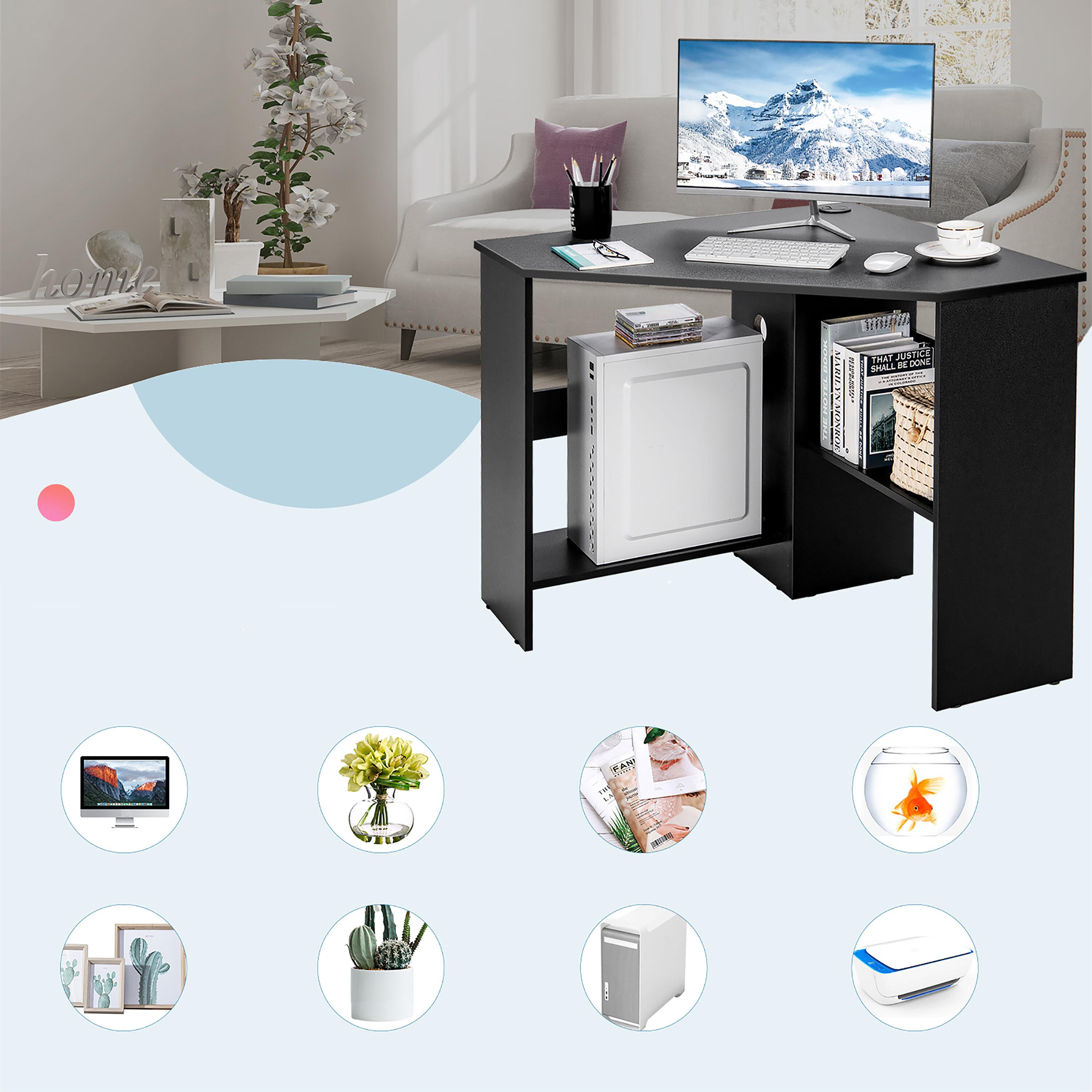 Costway Corner Computer Desk Triangle Writing Workstation w/ Storage Shelf Black