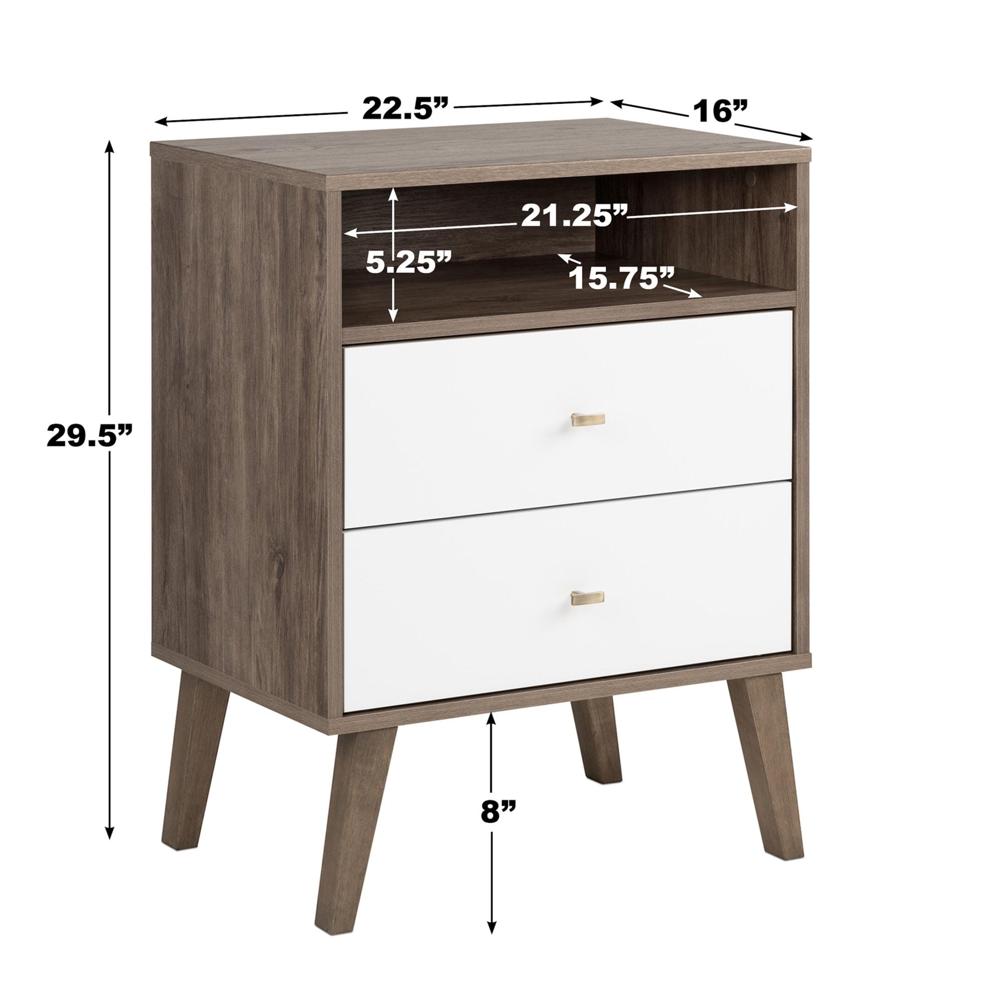 Milo Mid Century Modern 2 Drawer Tall Nightstand: Brass Knobs, Wood Legs - Prepac