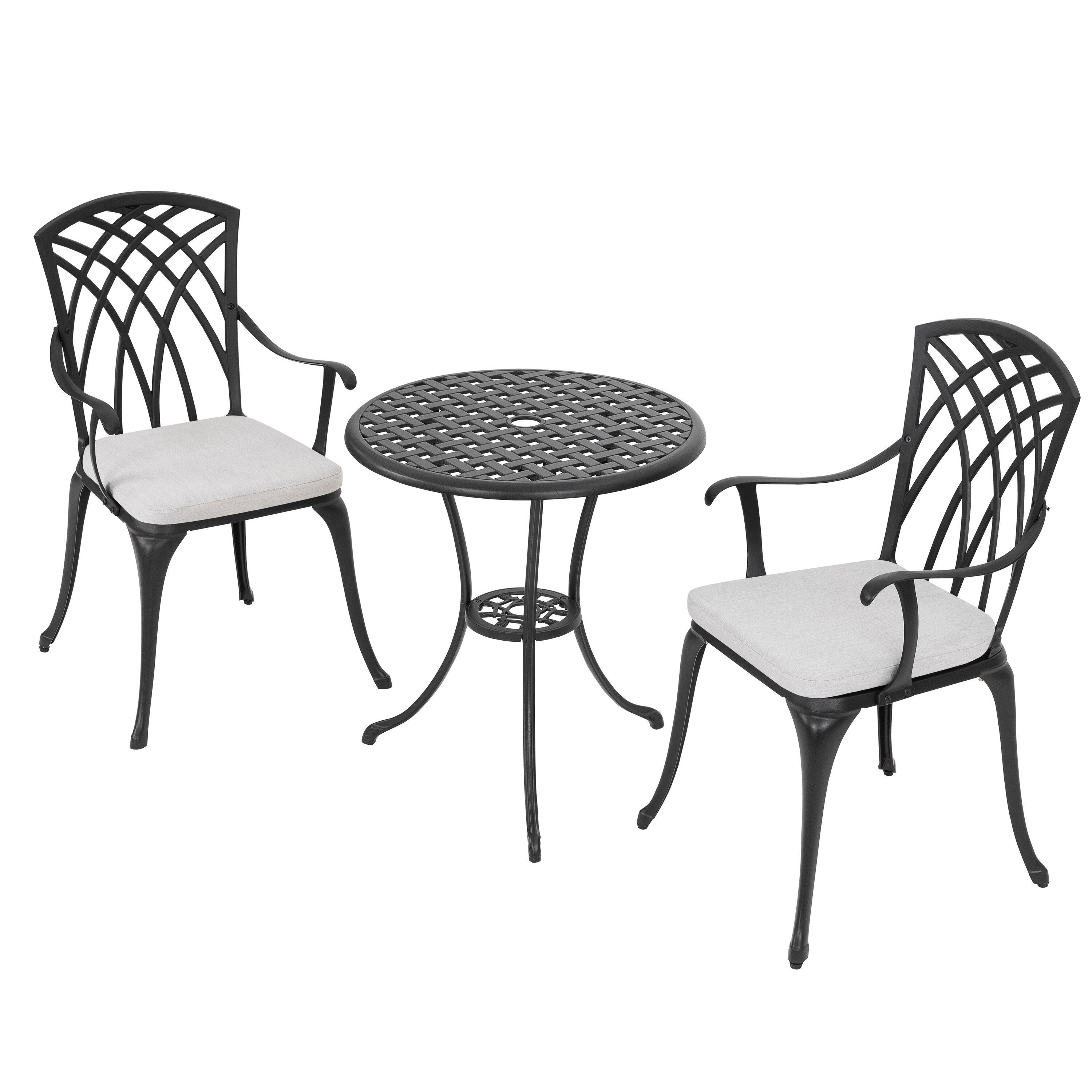 Black Cast Aluminum 3-Piece Bistro Set with Grey Cushions