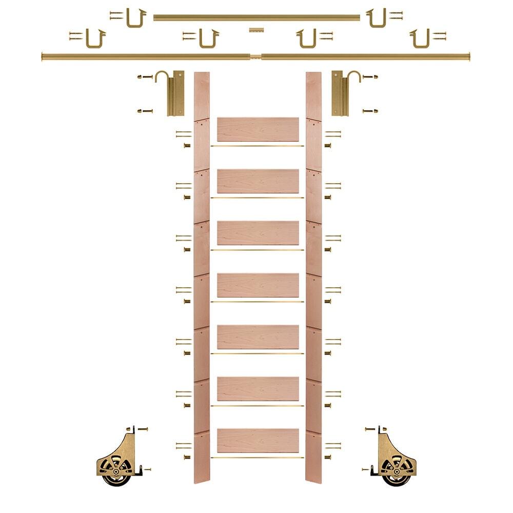 92 in. Clear Finished Red Oak Library Ladder (104 in. Reach) Polished Brass Top Hook Ladder Kit with 12 ft. Rail