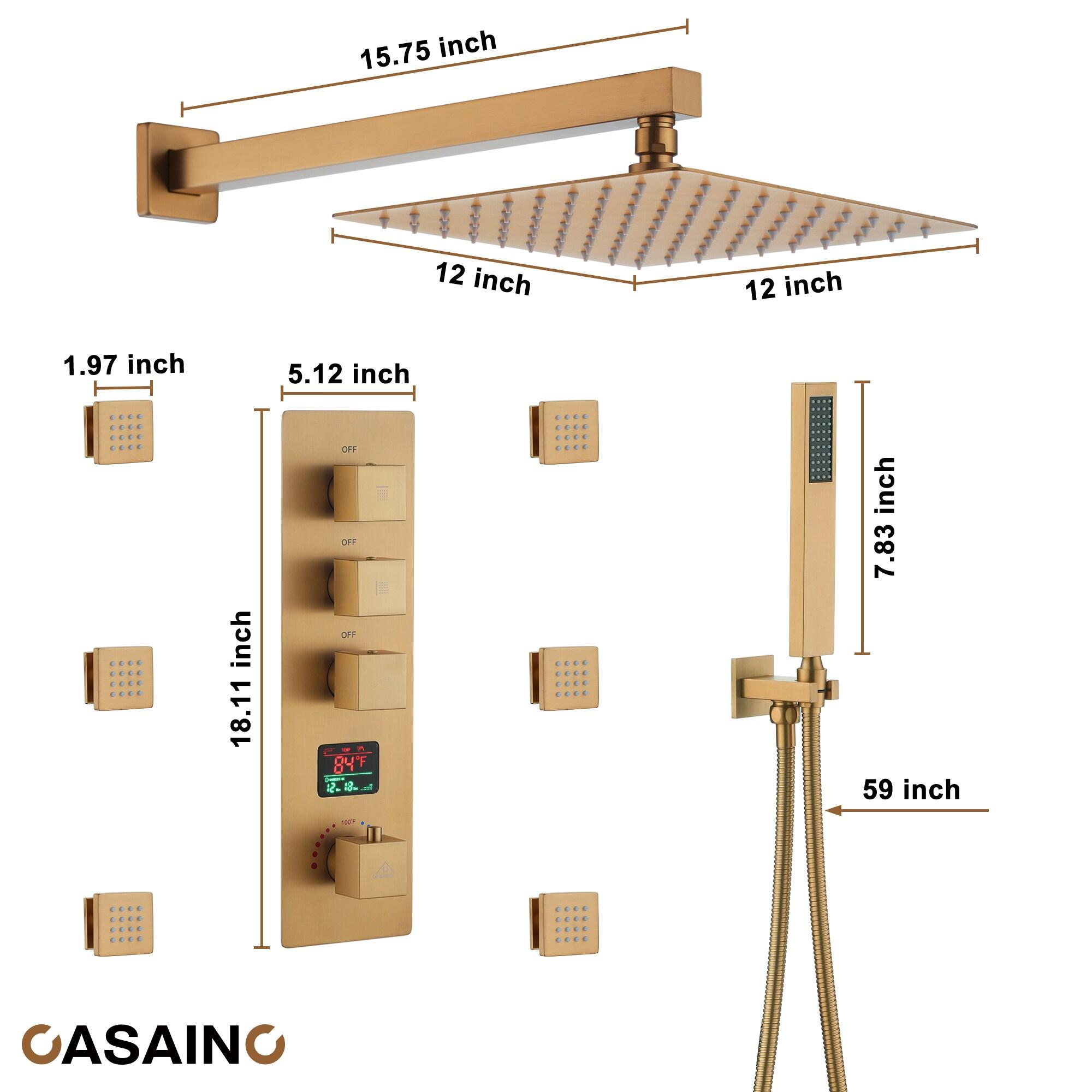 CASAINC KCHS0017-12BG 12 Inch Rainfall Thermostatic Shower System with Body Spray and Temperature Display