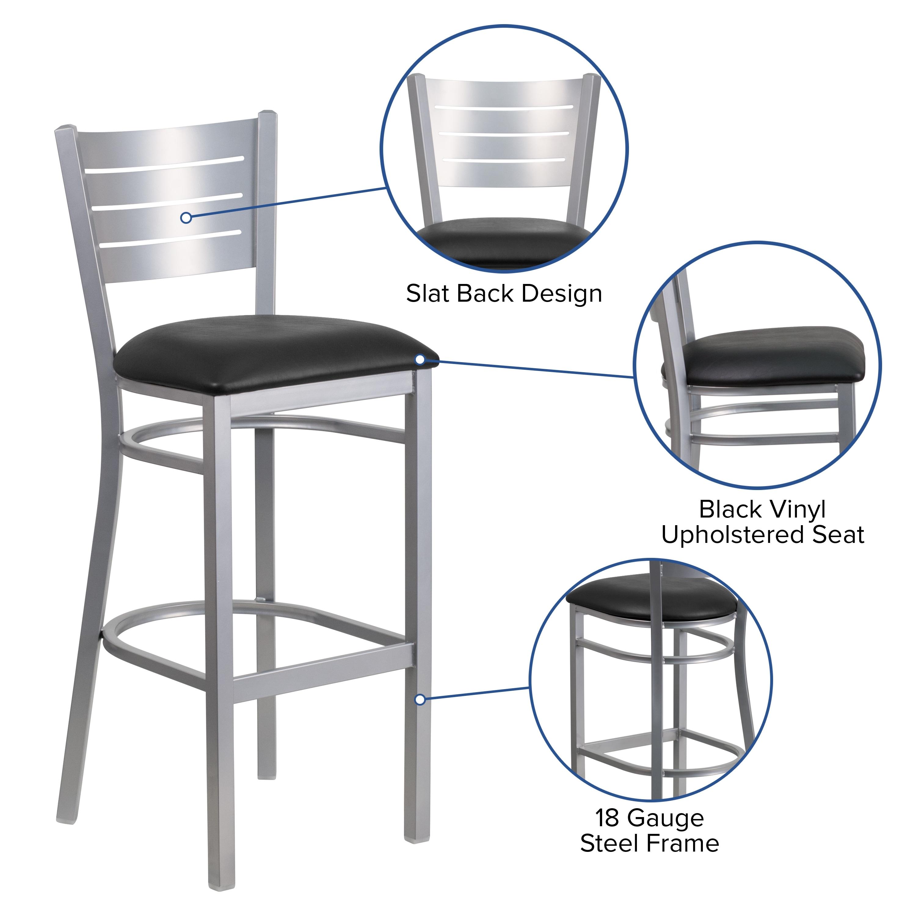 Flash Furniture HERCULES Series Silver Slat Back Metal Restaurant Barstool - Black Vinyl Seat