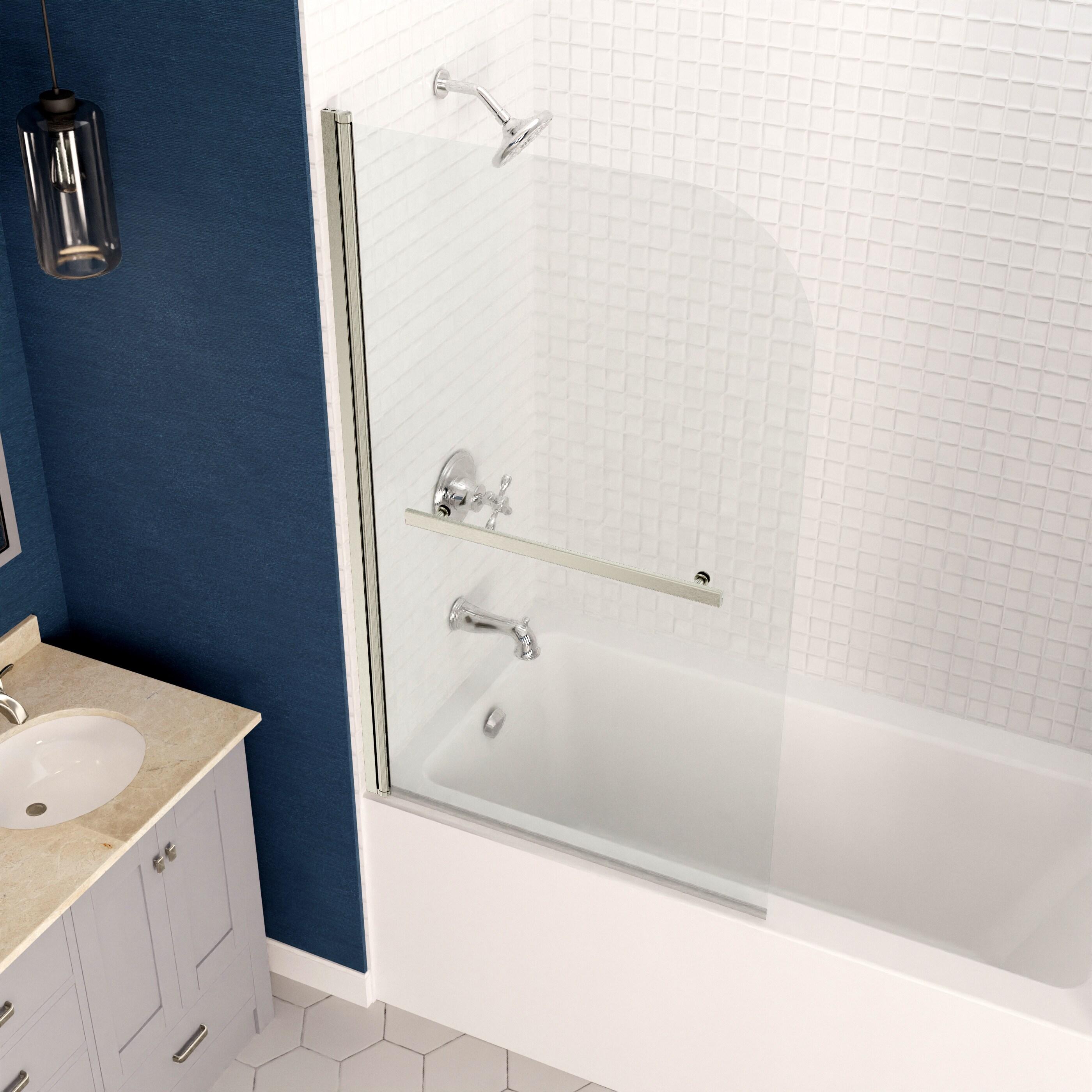 Myth 28 in. W x 56 in. H Hinged Frameless Tub Door with Tsunami Guard Technology