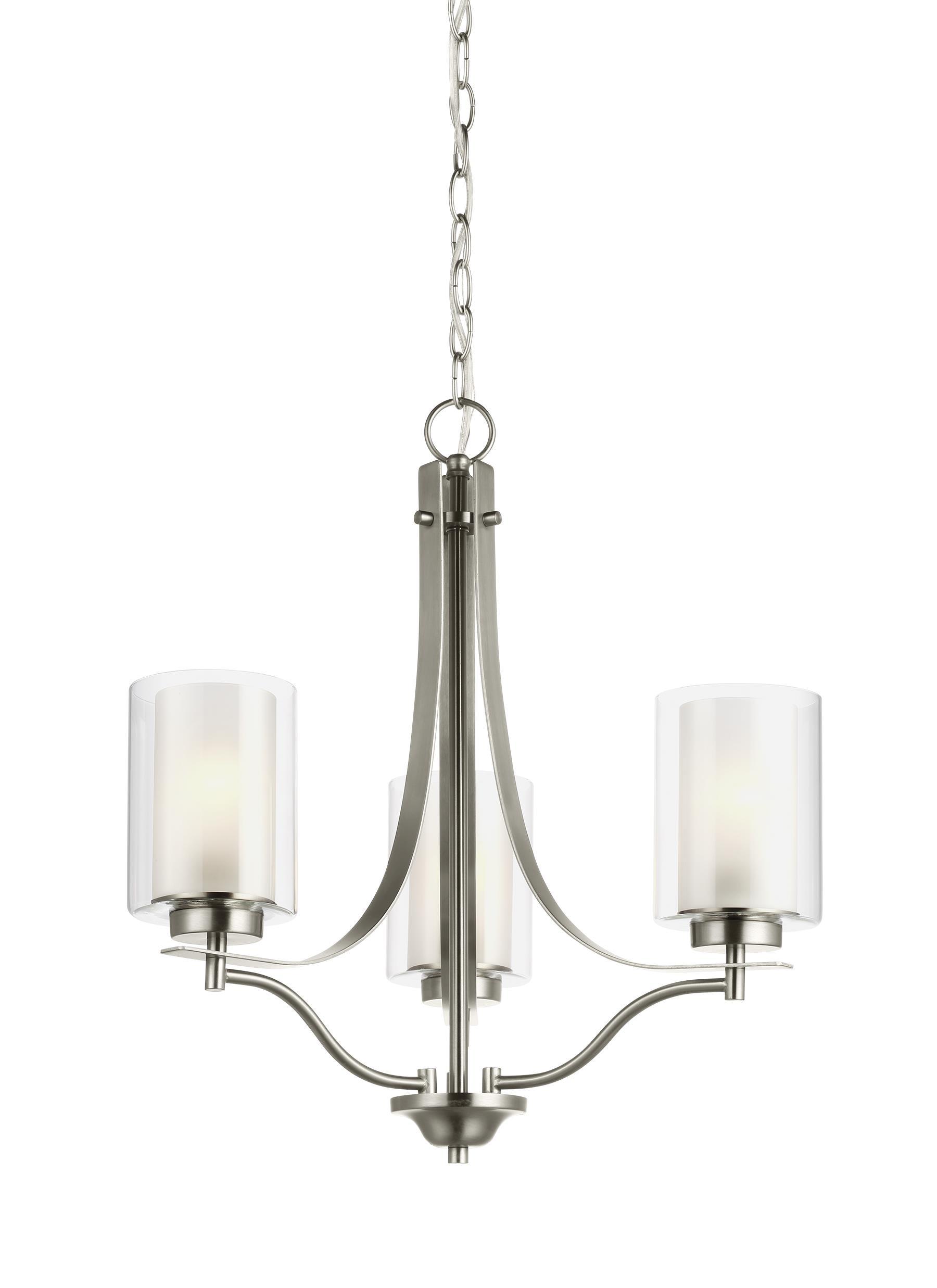 Elmwood 3-Light Brushed Nickel Modern Transitional Hanging Candlestick Chandelier with Satin Etched Glass Shades