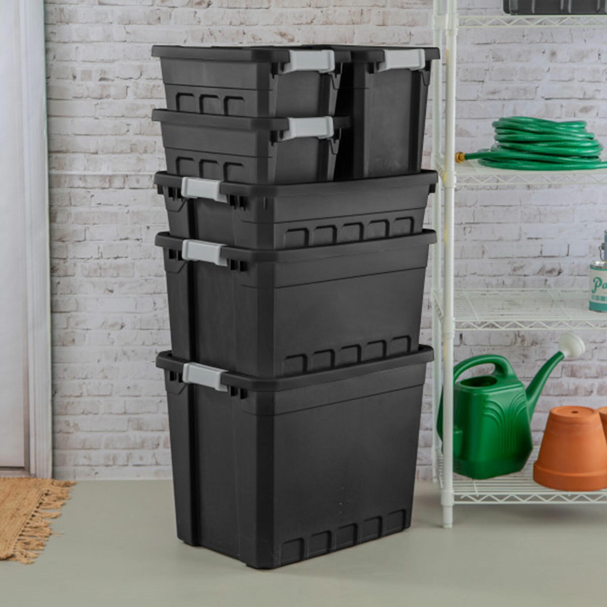 Sterilite 19 Gallon Plastic Stacker Tote, Heavy Duty Lidded Storage Bin Container for Stackable Garage and Basement Organization, Black, 12-Pack