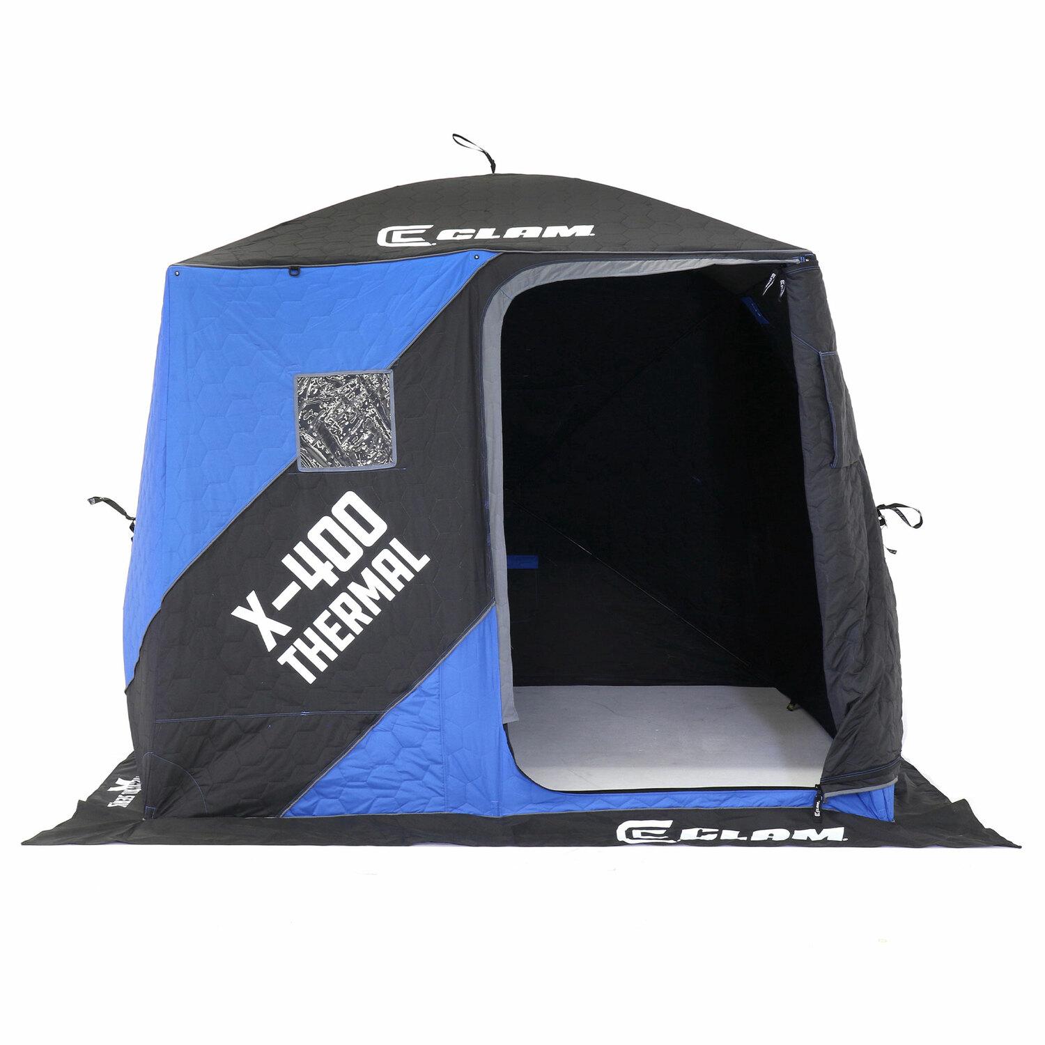 CLAM 17479 X-400 Portable 3 to 4 Person 8-Foot Pop-Up Ice Fishing Angler Thermal Hub Shelter Tent with Anchor Straps and Carrying Bag