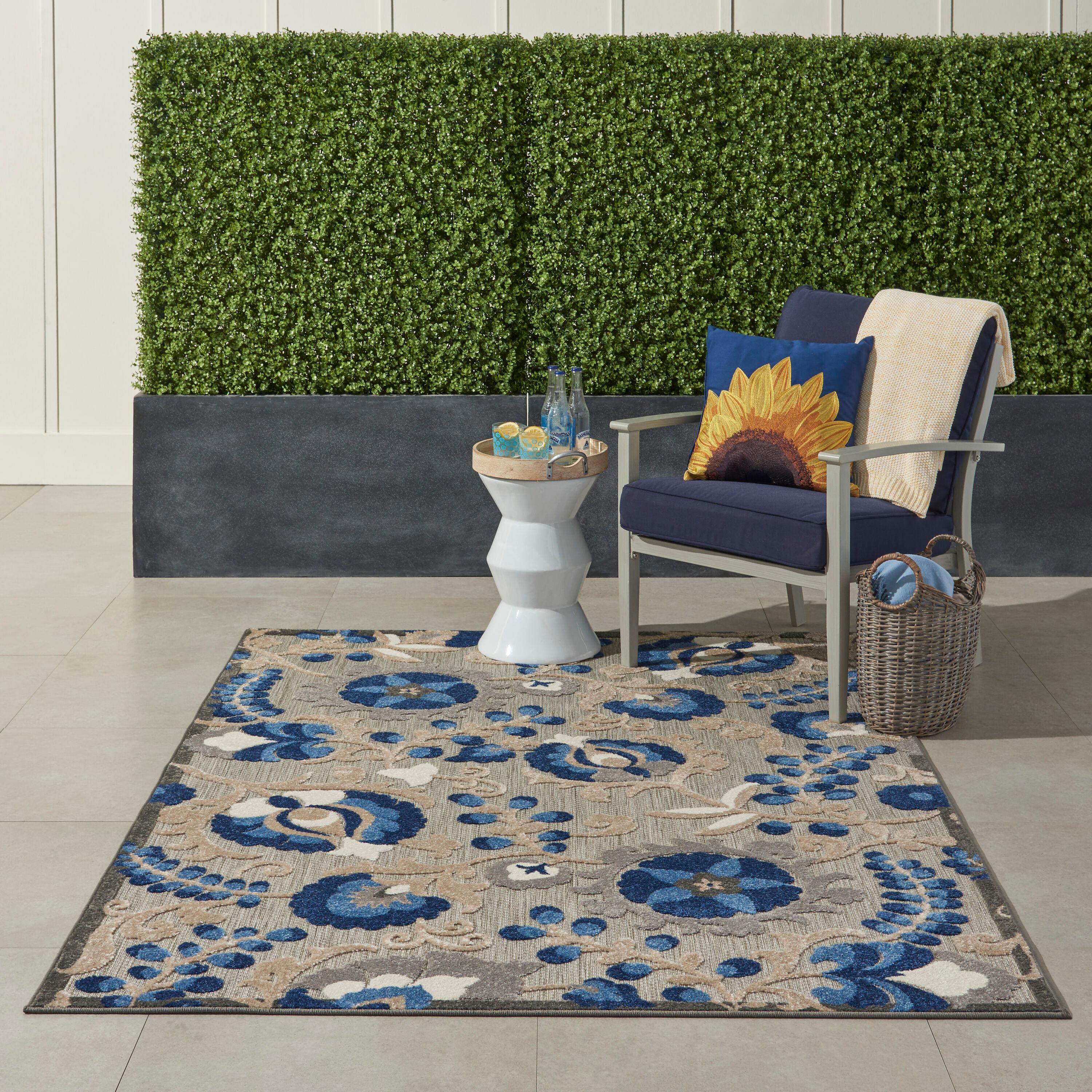 Nourison Aloha Floral Textured Flatweave High-Low Indoor Outdoor Area Rug Natural/Blue 3'6" x 5'6"