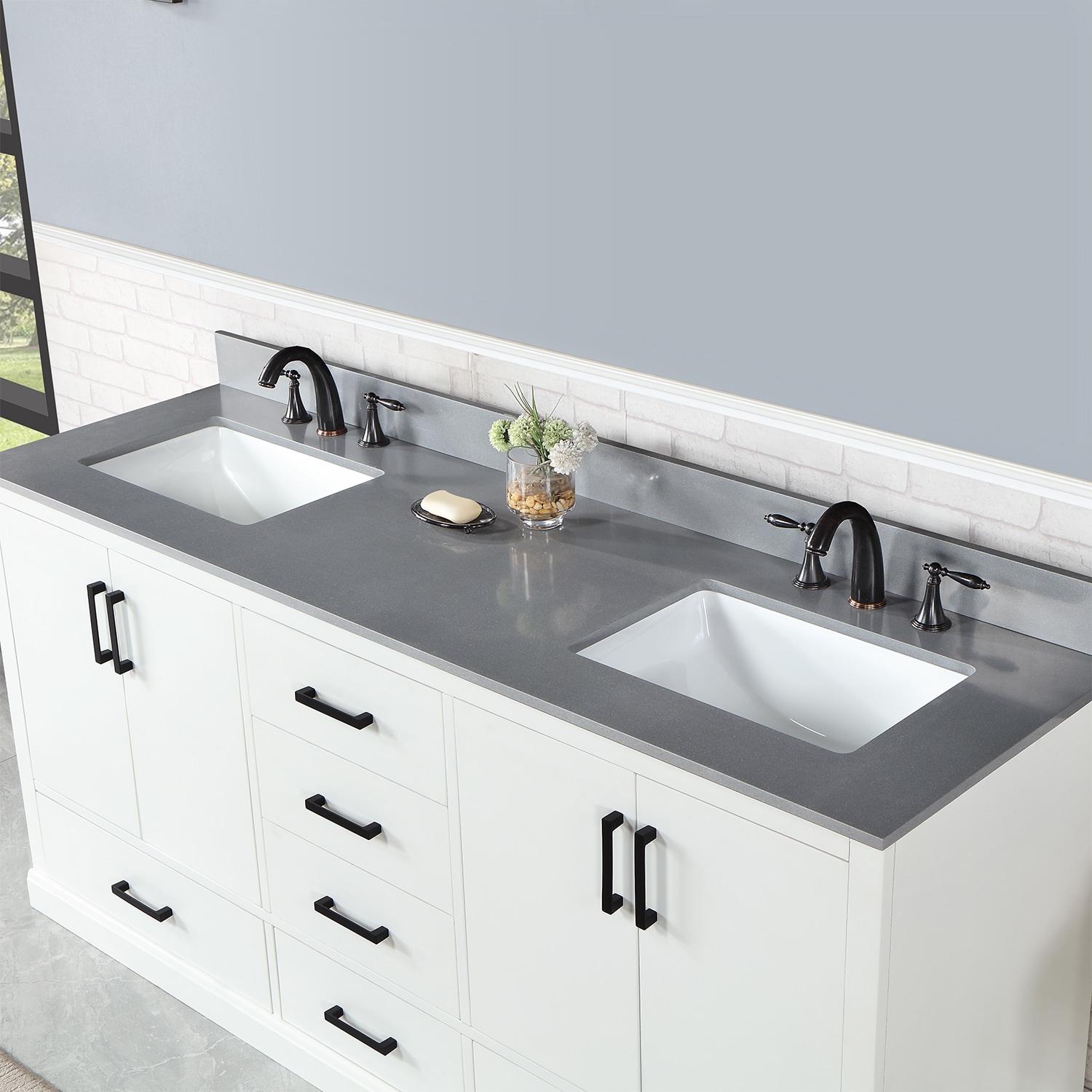 Monna 72" Double Bathroom Vanity Set in White with Concrete Grey Composite Stone Countertop without Mirror