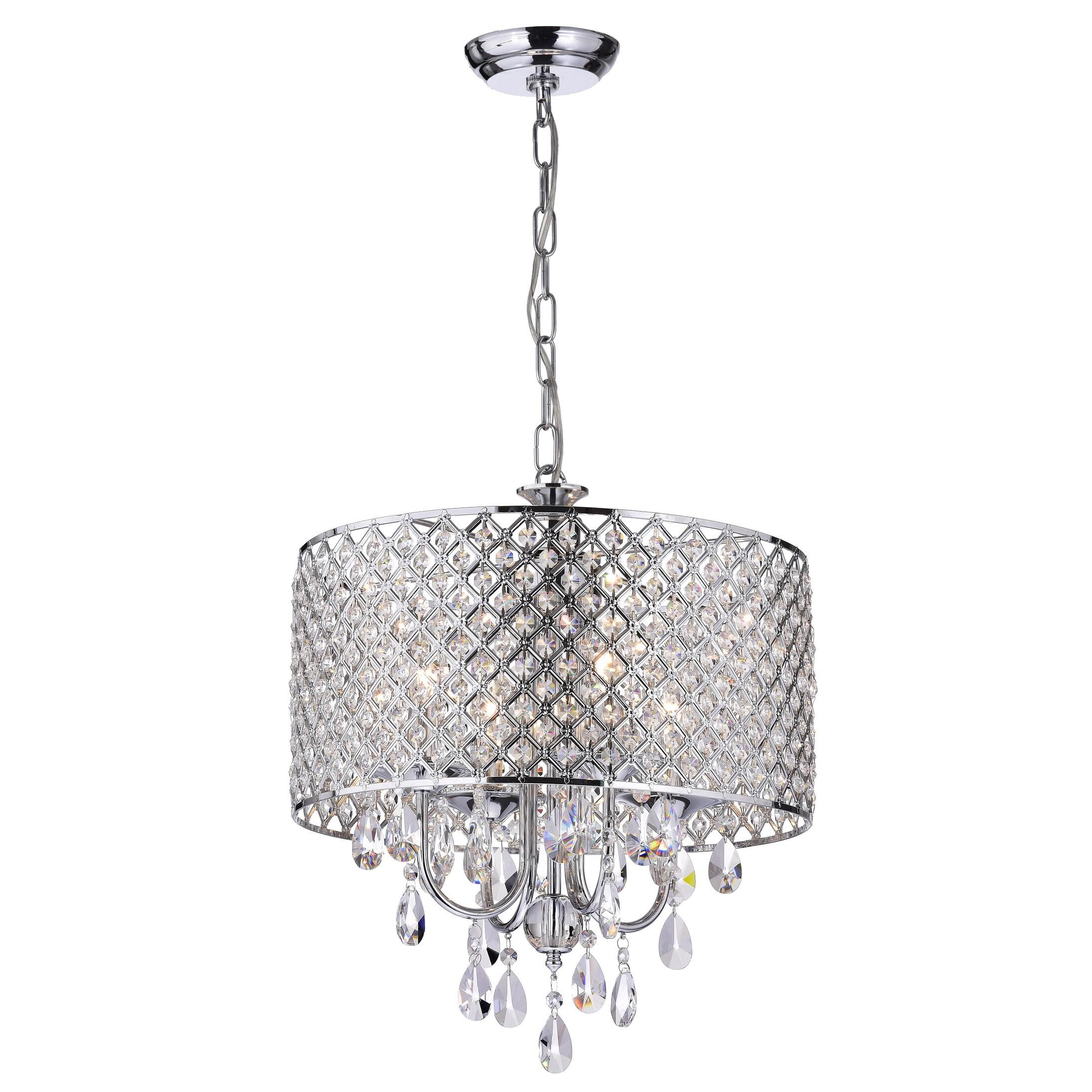 Chrome and Crystal 4-Light Drum Chandelier with Beaded Shade