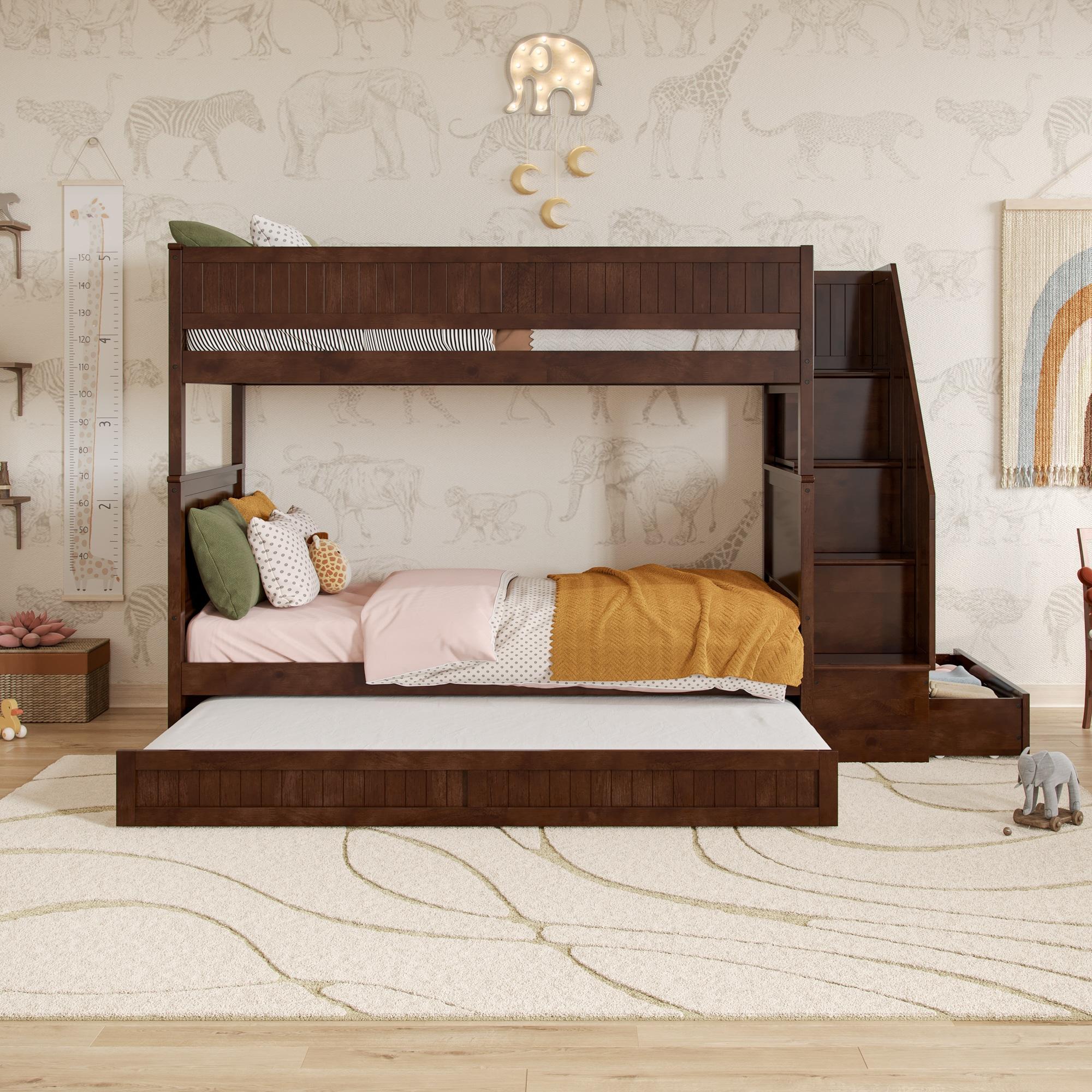 Walnut Twin Over Twin Bunk Bed with Storage Drawer and Trundle