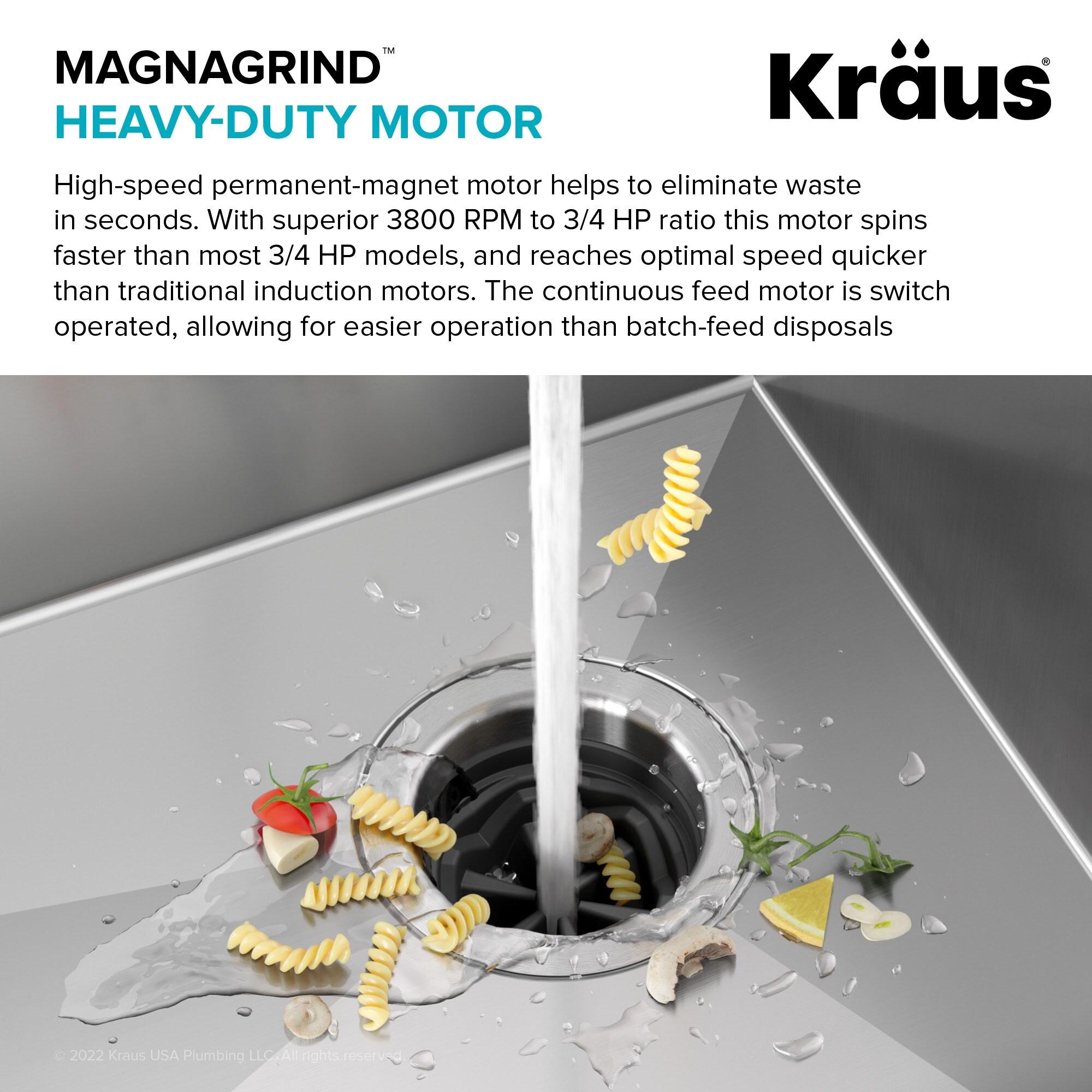 KRAUS Wasteguard High-Speed 3/4 HP Continuous Feed Ultra-Quiet Motor Garbage Disposal With Power Cord And Flange Included And Universal Mount, KWD210-75MGR