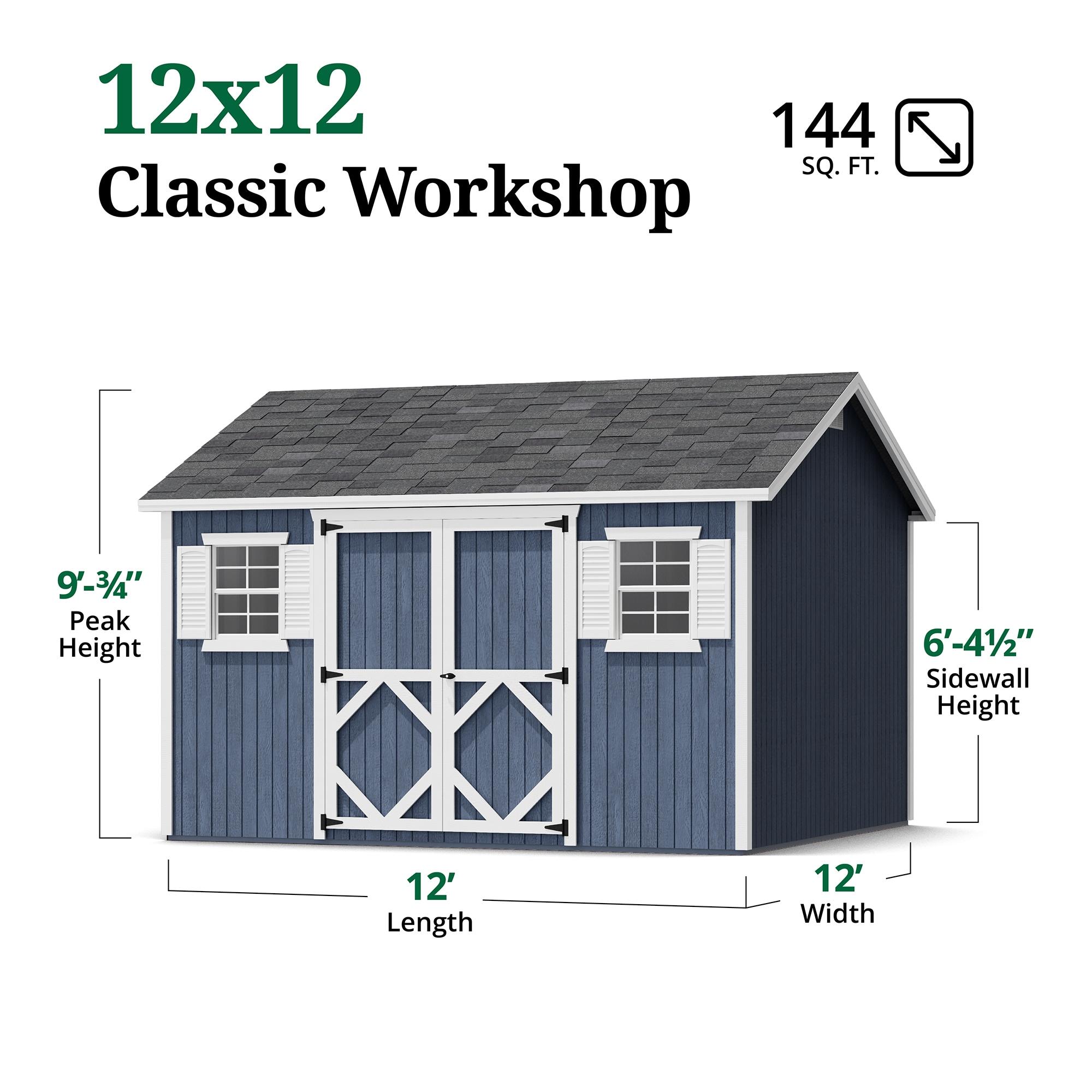Little Cottage Co. 12x12 Classic Workshop Shed with Operable Windows and Floor, Outdoor Wood Storage Do-It-Yourself Precut Kit