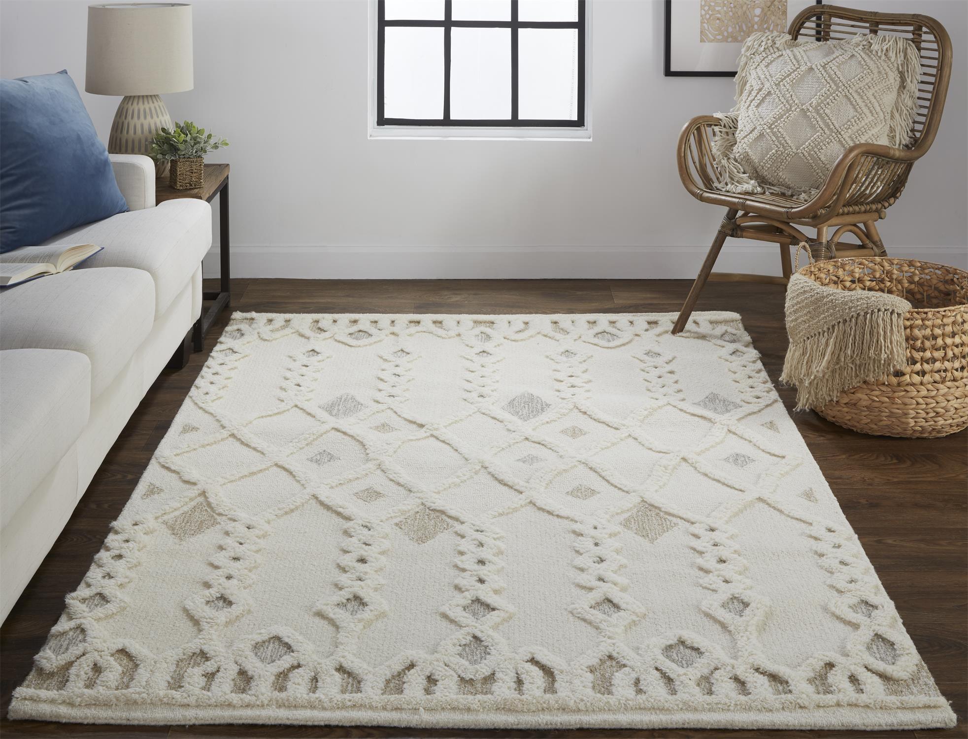 Ivory and Tan Hand-Tufted Wool Geometric Rug, 2' x 3'