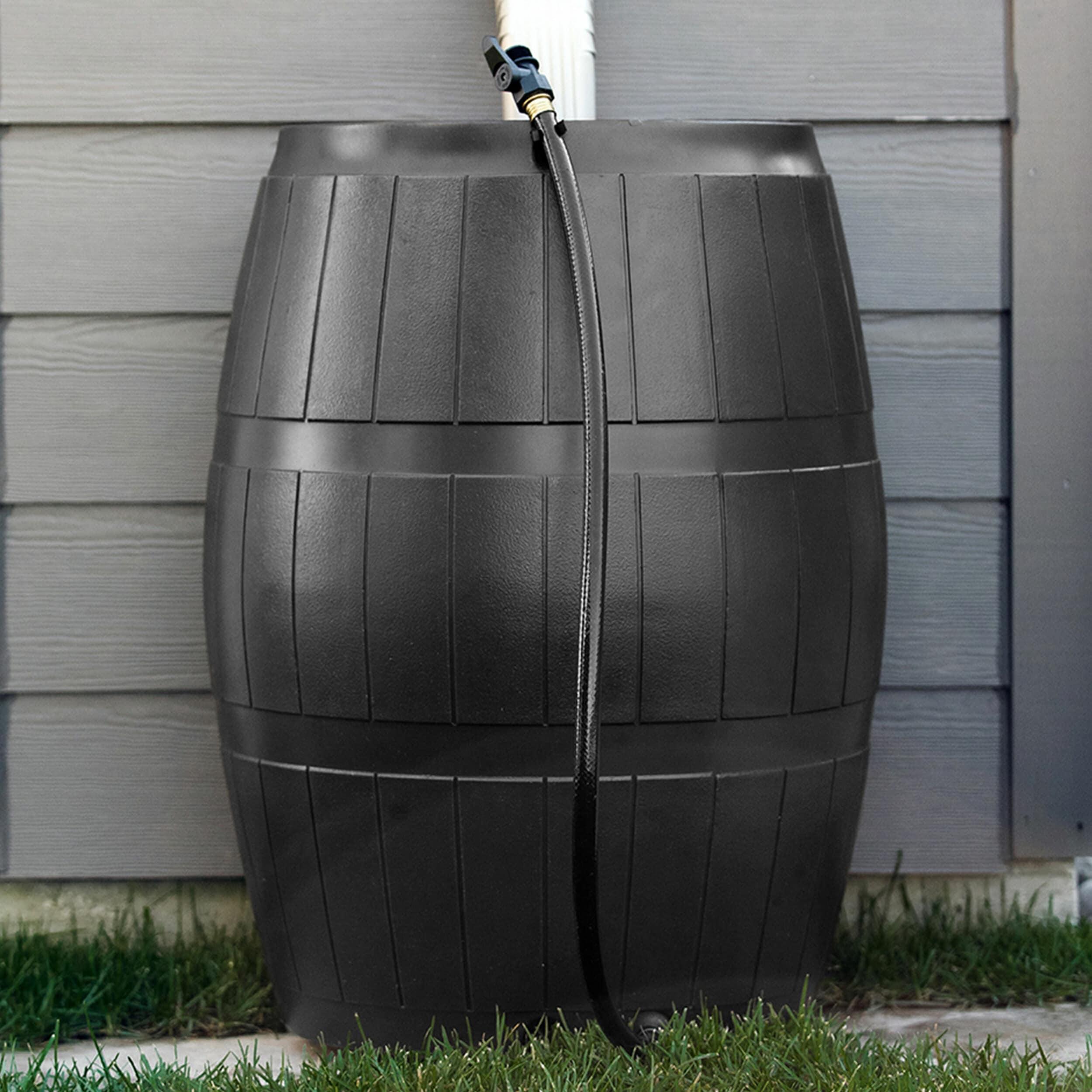 FCMP Outdoor RC4000-BLK 50 Gallon Flat Back Outdoor Home Rain Catcher Water Storage Collection Barrel for Watering Outdoor Plants and Gardens, Black