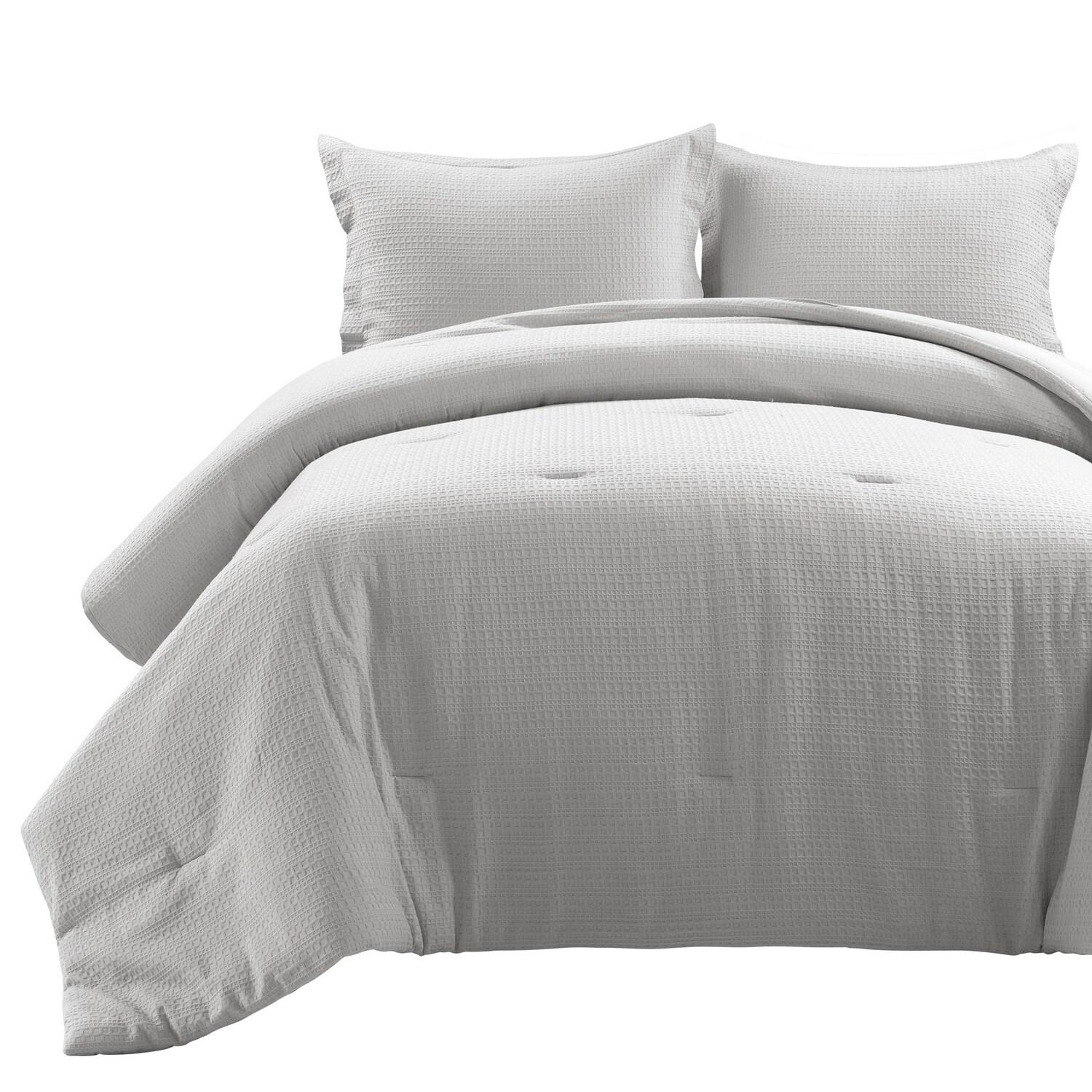 Lush Décor 3pc Full/Queen Haniya Solid Waffle Woven 100% Textured Comforter Set Gray: Includes Pillow Shams, Machine Washable