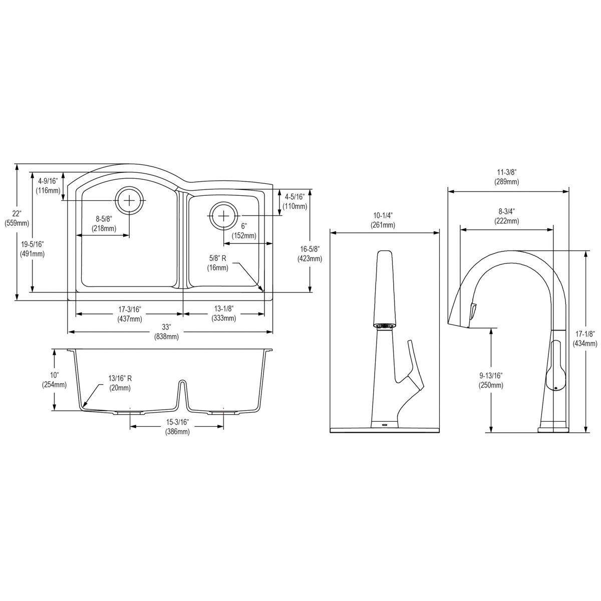 33" x 22" x 10" Double Basin Undermount Kitchen Sink with Faucet