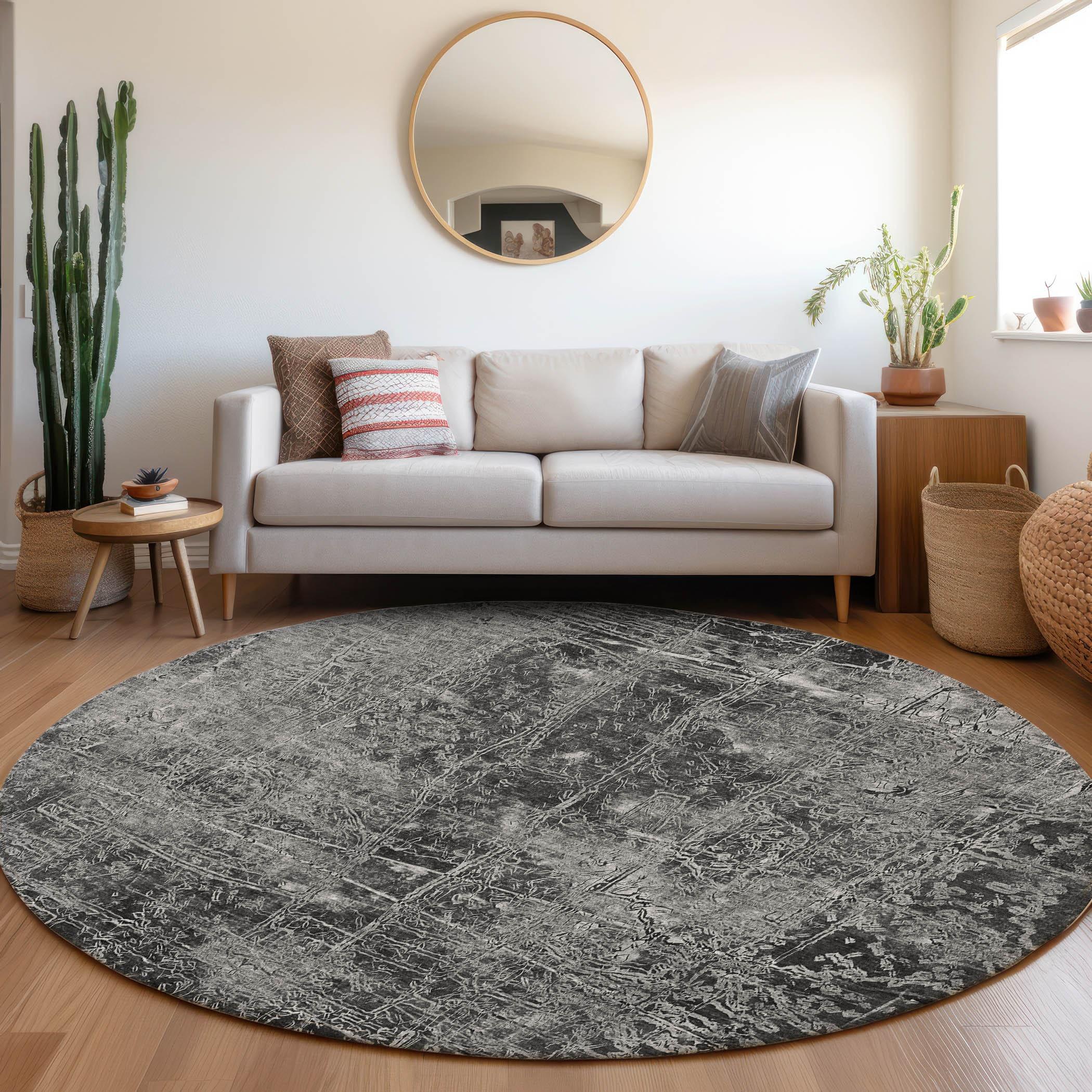 Addison Gray Synthetic Round Washable Area Rug 8'