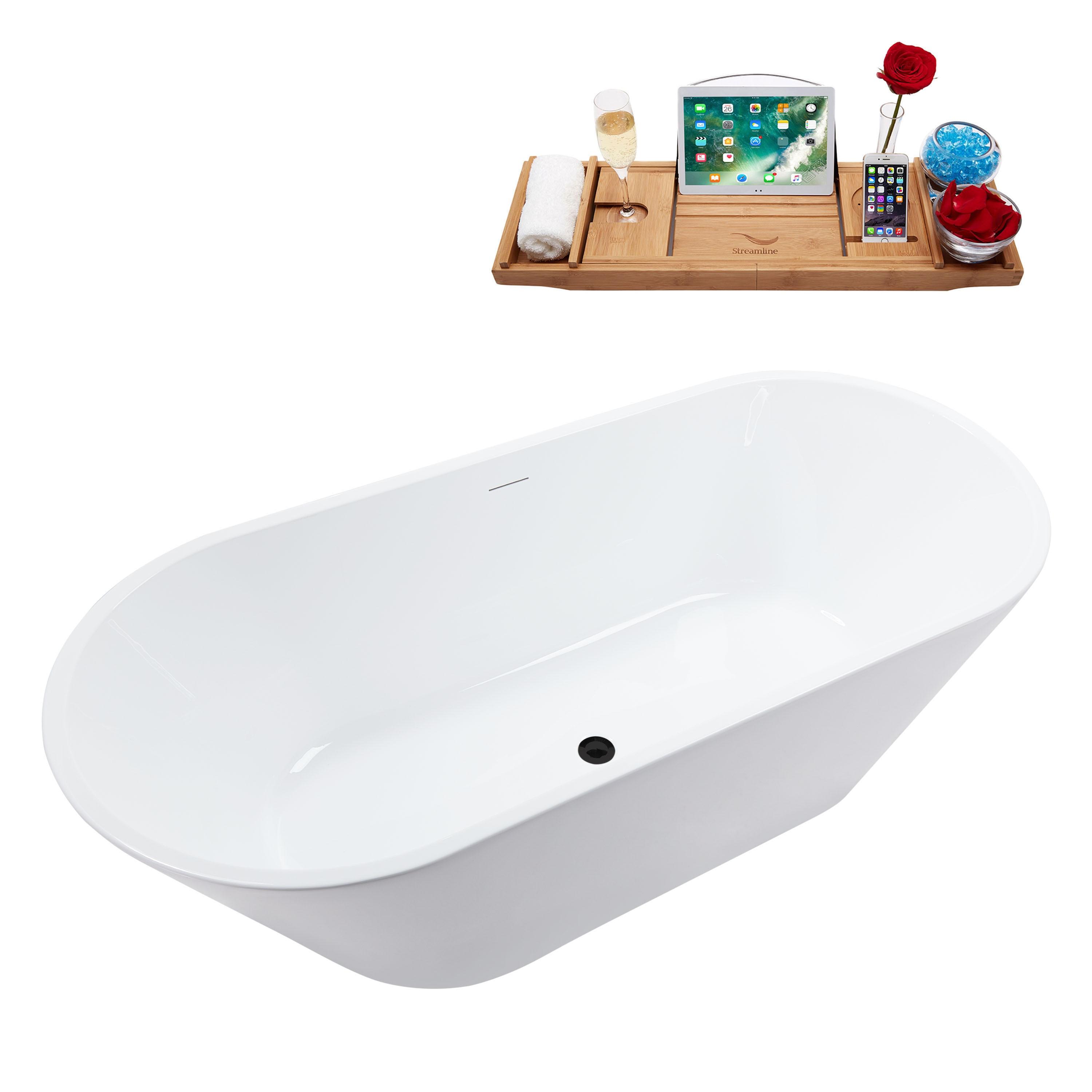 70-Inch Glossy White Acrylic Freestanding Bathtub with Matte Black Drain