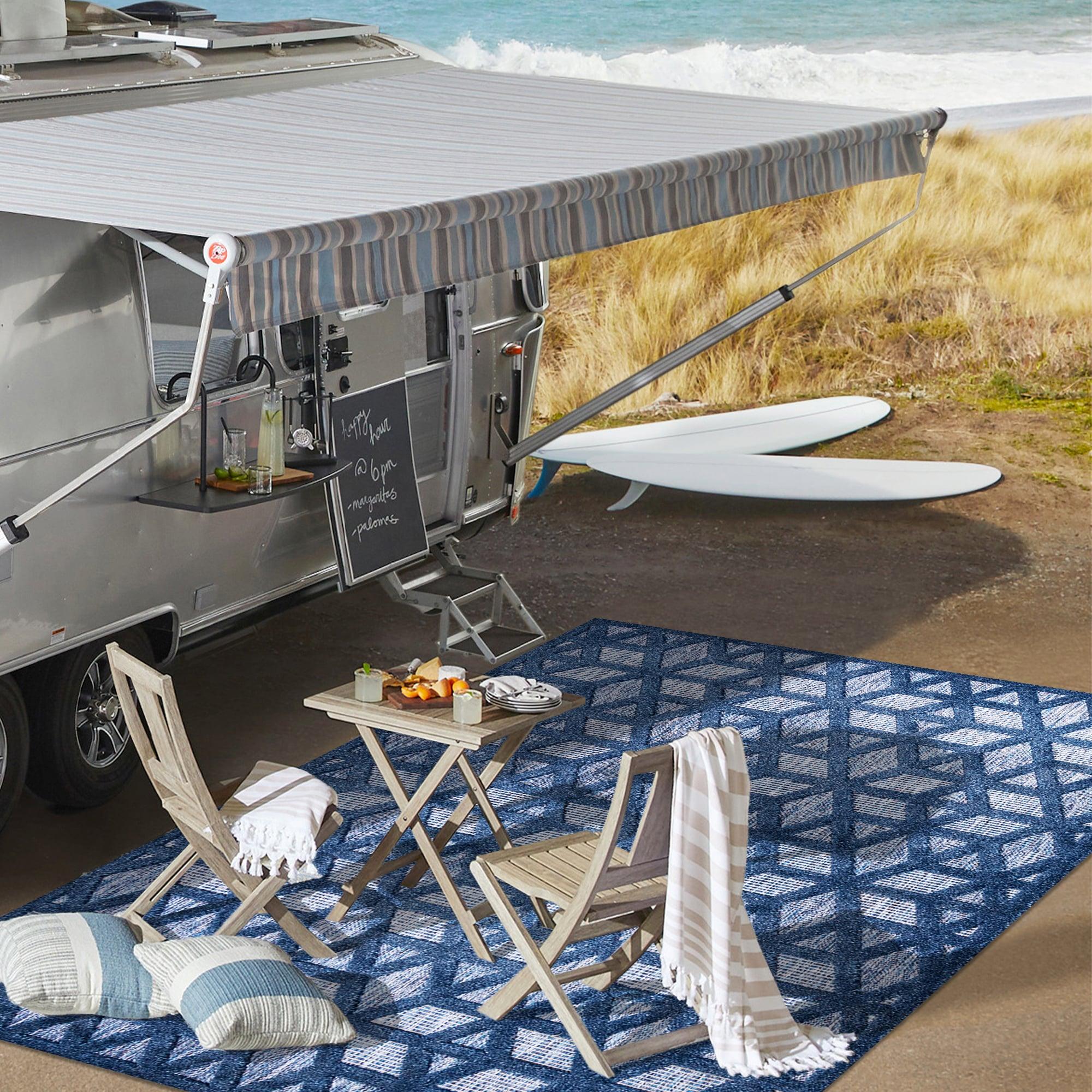 8'x10' Talaia Neutral Geometric Indoor/Outdoor Area Rug, Navy - JONATHAN Y
