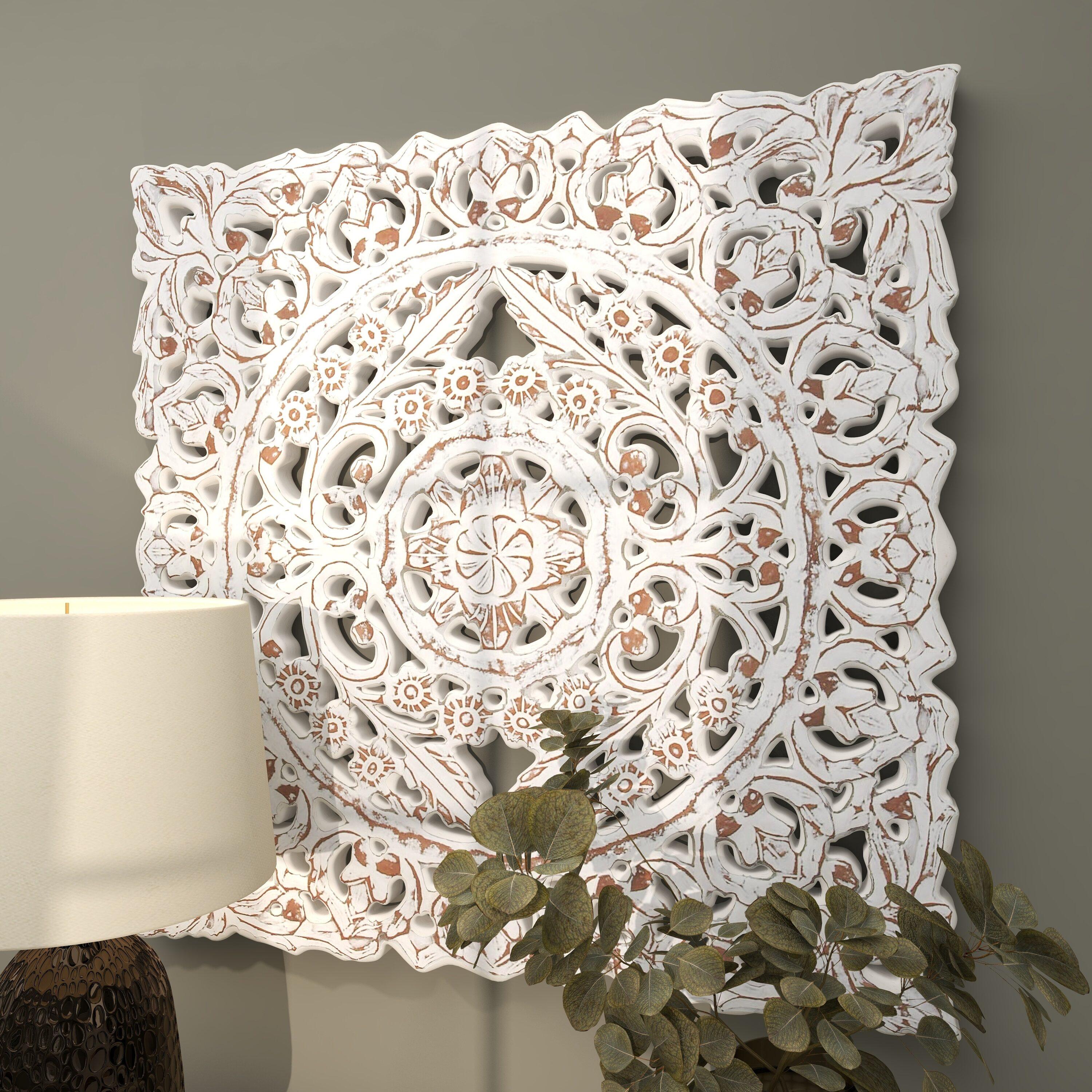 DecMode Traditional Wood Square White Handmade Wall Décor with Carved Mandala Design, 36"W x 36"H