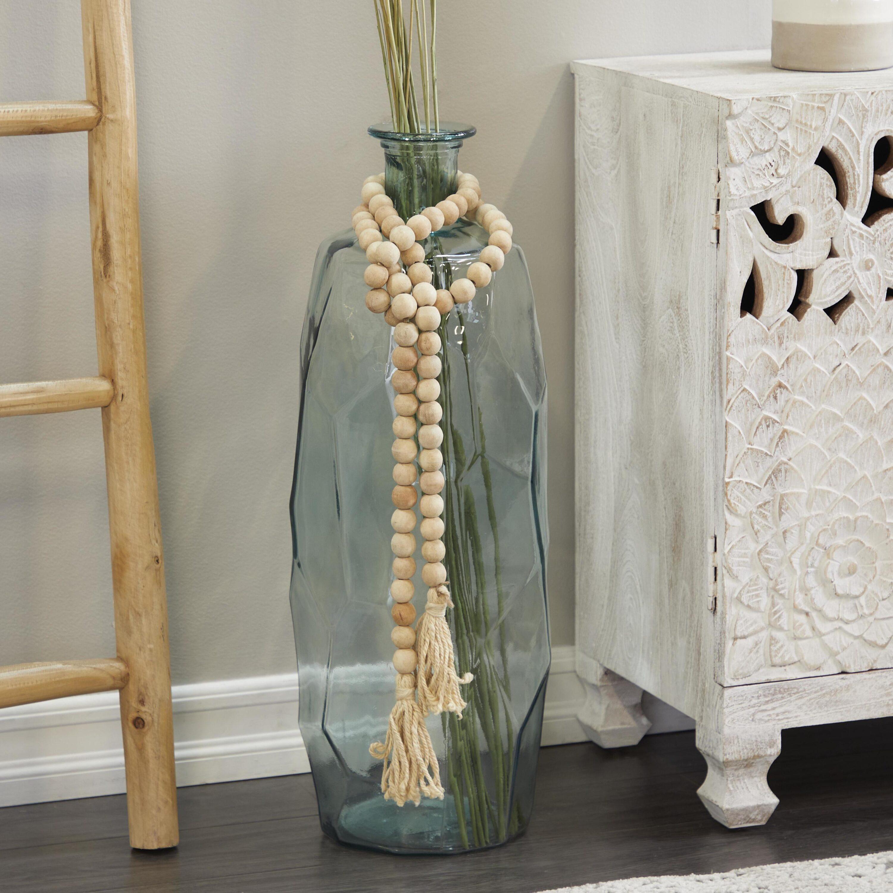 DecMode Light Brown Wood Bohemian Garland Décor with Geometric Bead Details and Cream Cotton Tassel, 87"L