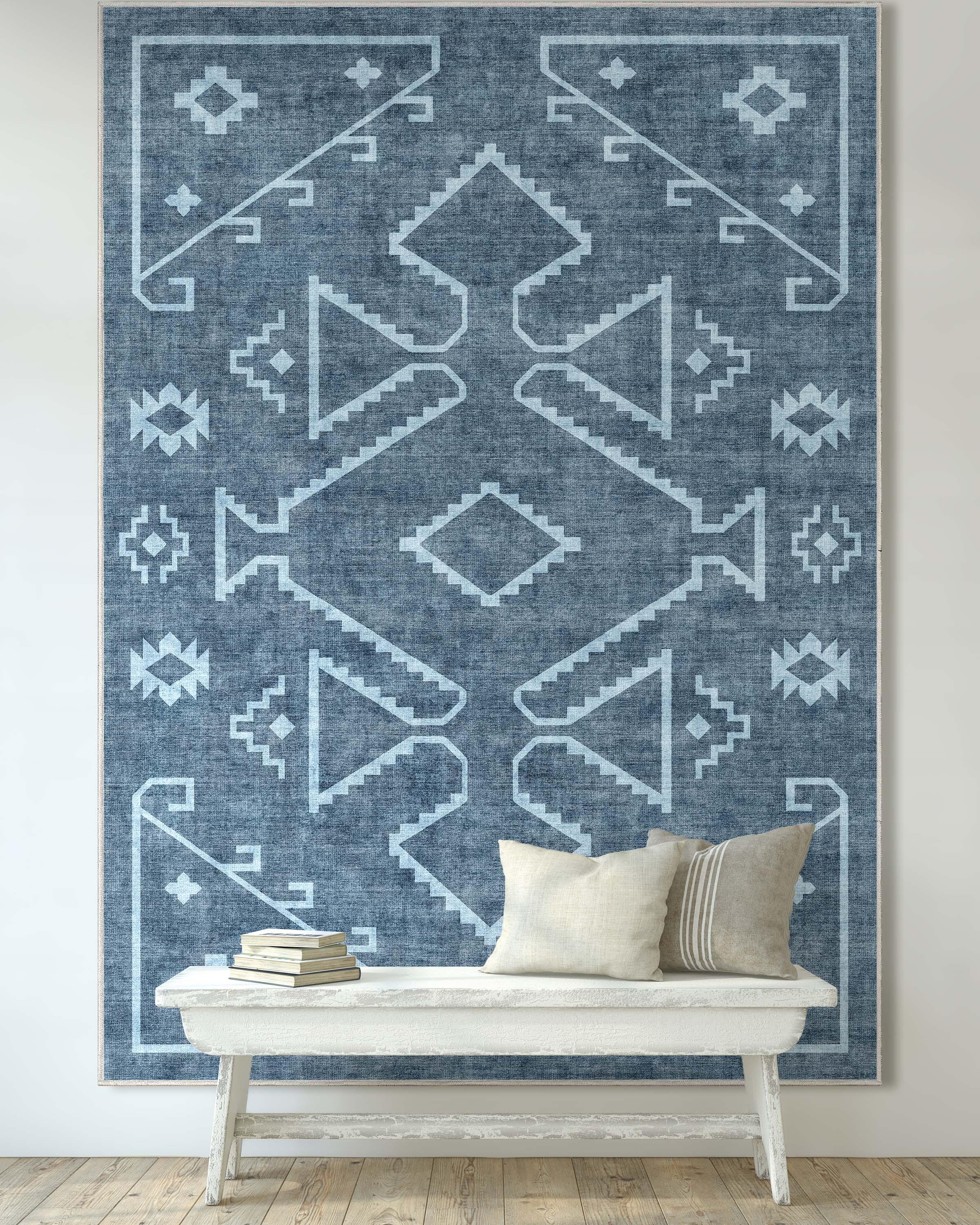 Kehr Bottineau Distressed Southwestern Blue Flat-Weave Rug