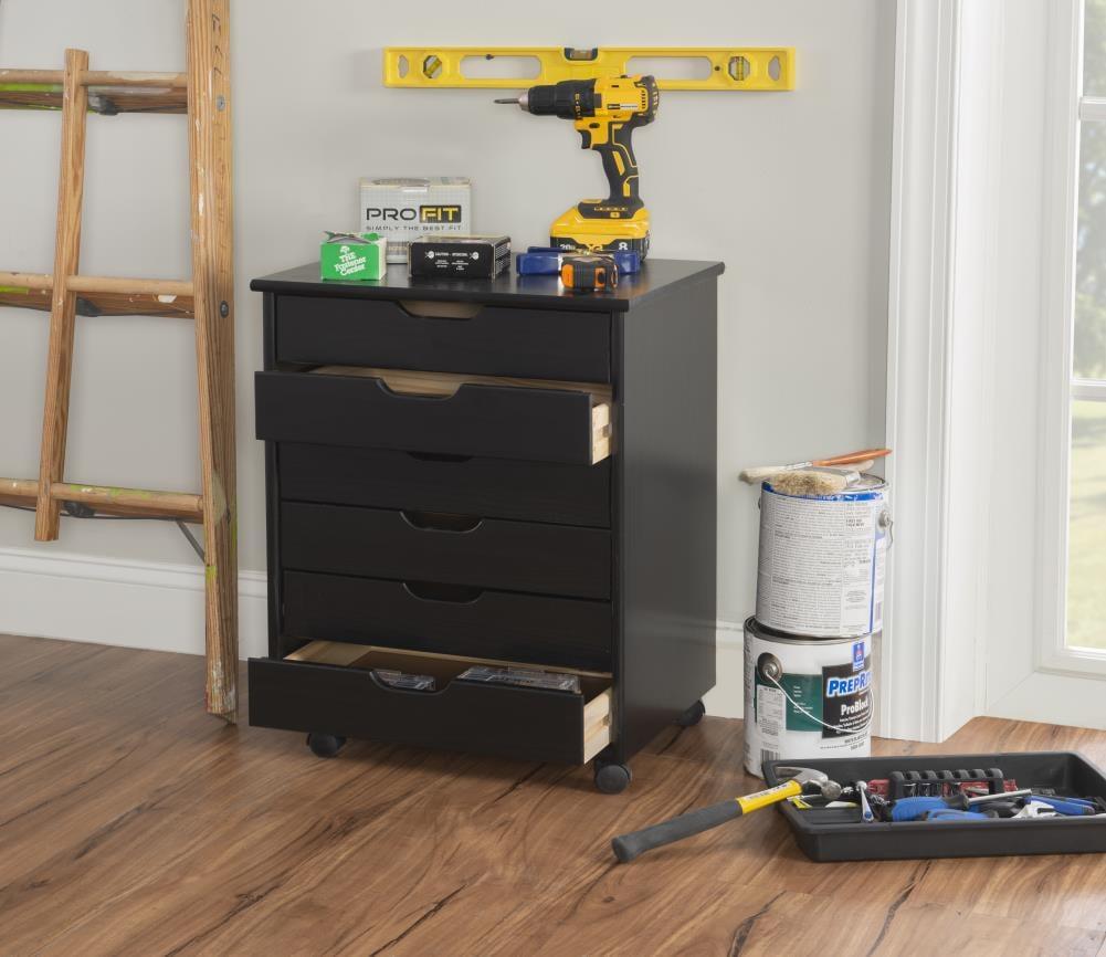 Cary Transitional 6 Drawer Solid Wood Contoured Handle Cut Out Wide Roll Cart Black - Linon: Pine Frame, Farmhouse Style, Portable Storage