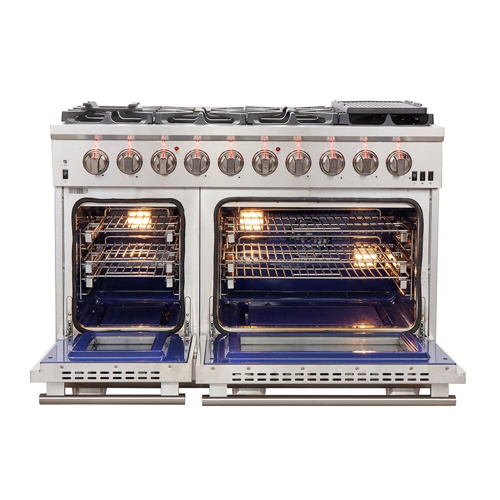 Capriasca 48-inch Gas Range Stainless Steel, 8 Brass Burners 160,000 BTU, 6.58 cu.ft. Double Ovens