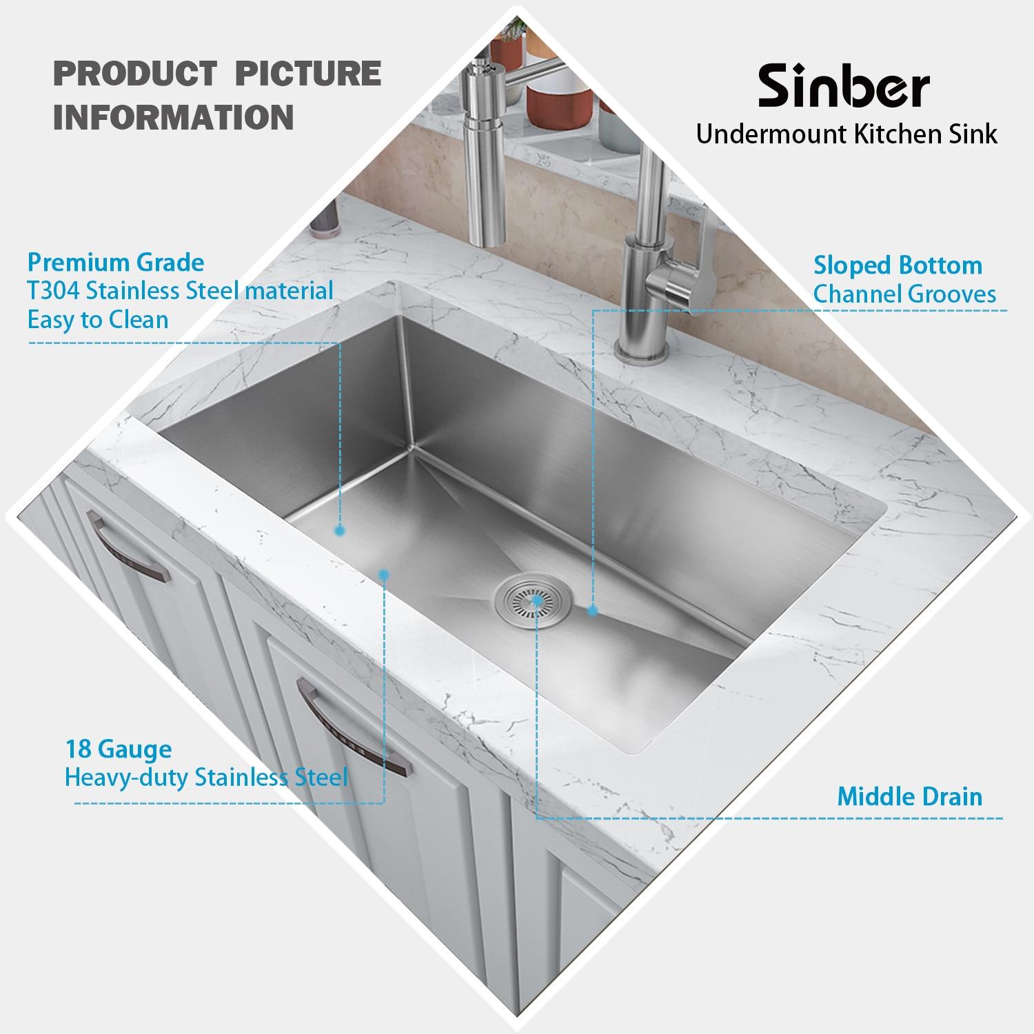 Sinber 30" x 18" Undermount Single Bowl Kitchen Sink with 18 Gauge 304 Stainless Steel Satin Finish