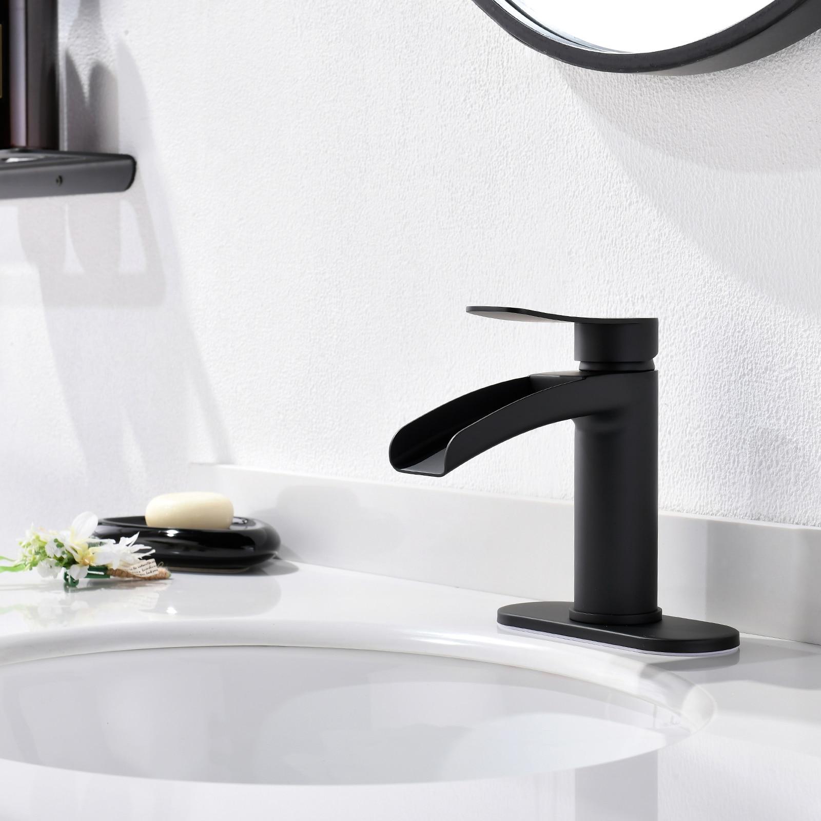 Phiestina Matte Black Single Hole Waterfall Bathroom Sink Faucet Single Handle, with 6-Inch Deck Plate & Metal Pop Up Drain Assembly, NS-SF01-MB