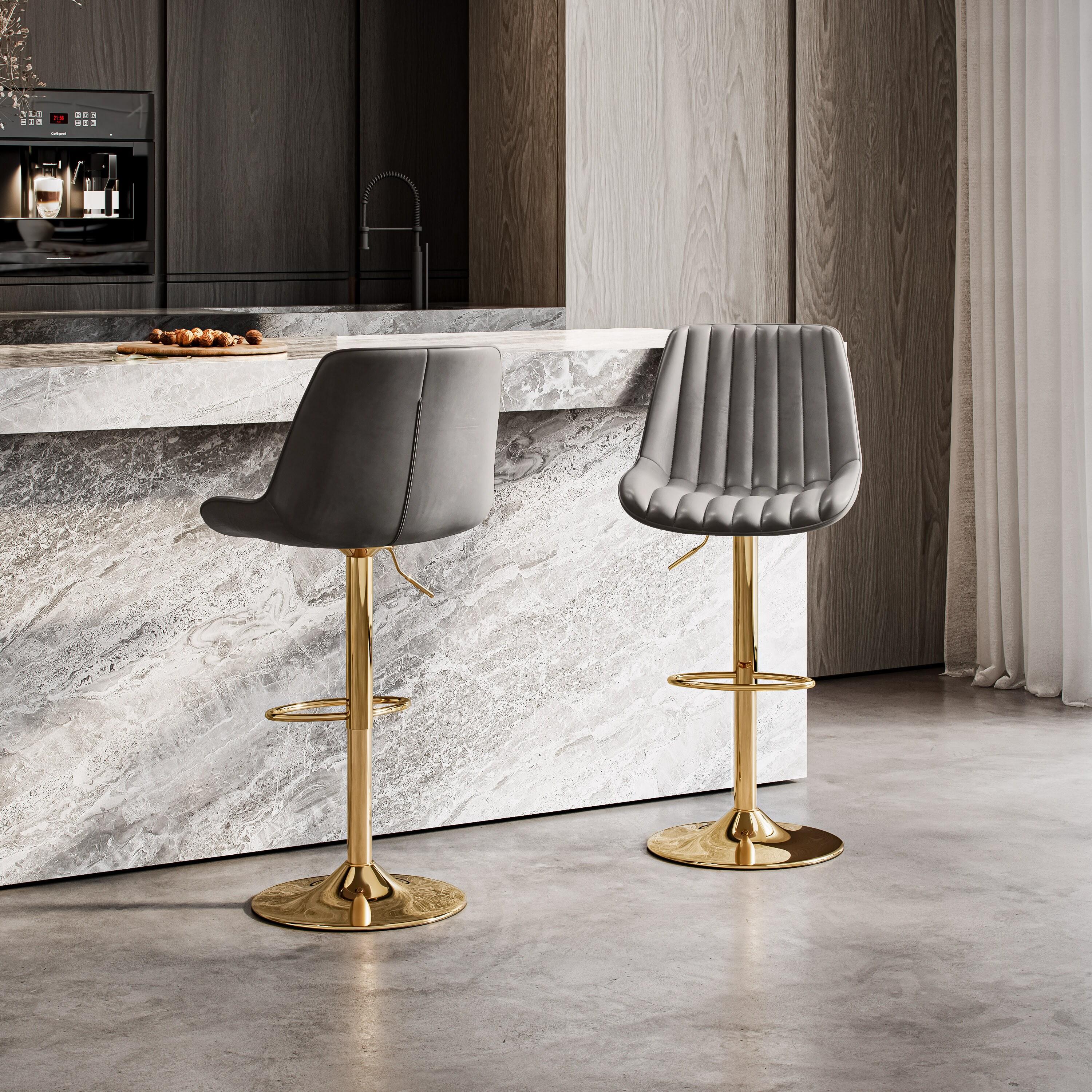 Set of 2 Arwen Adjustable Swivel Barstools with Gold Base Gray - CorLiving: Upholstered High Back, Metal Footrest