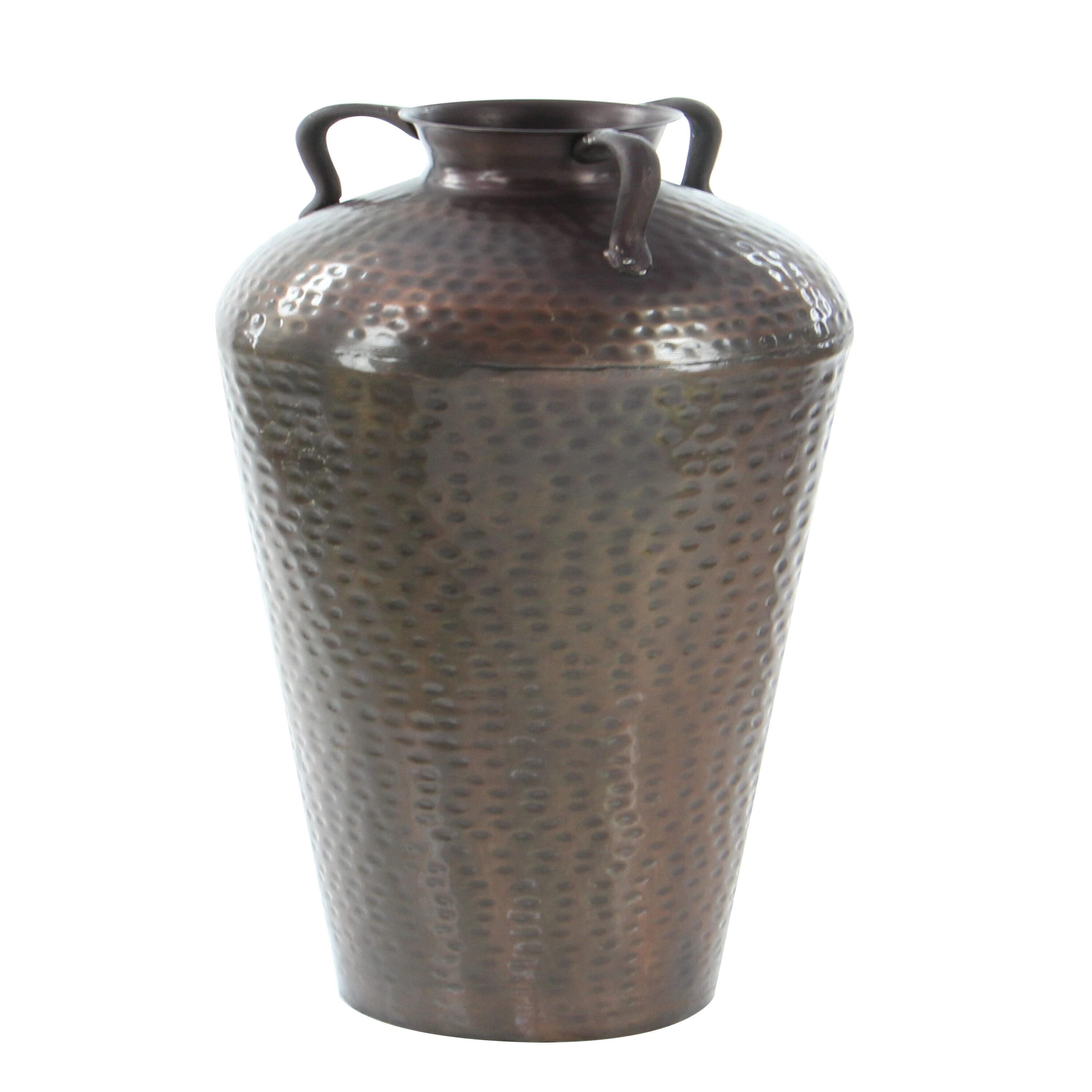 DecMode 32" Tall Floor Mediterranean Style Brown Metal Vase with Hammered Details and Handles