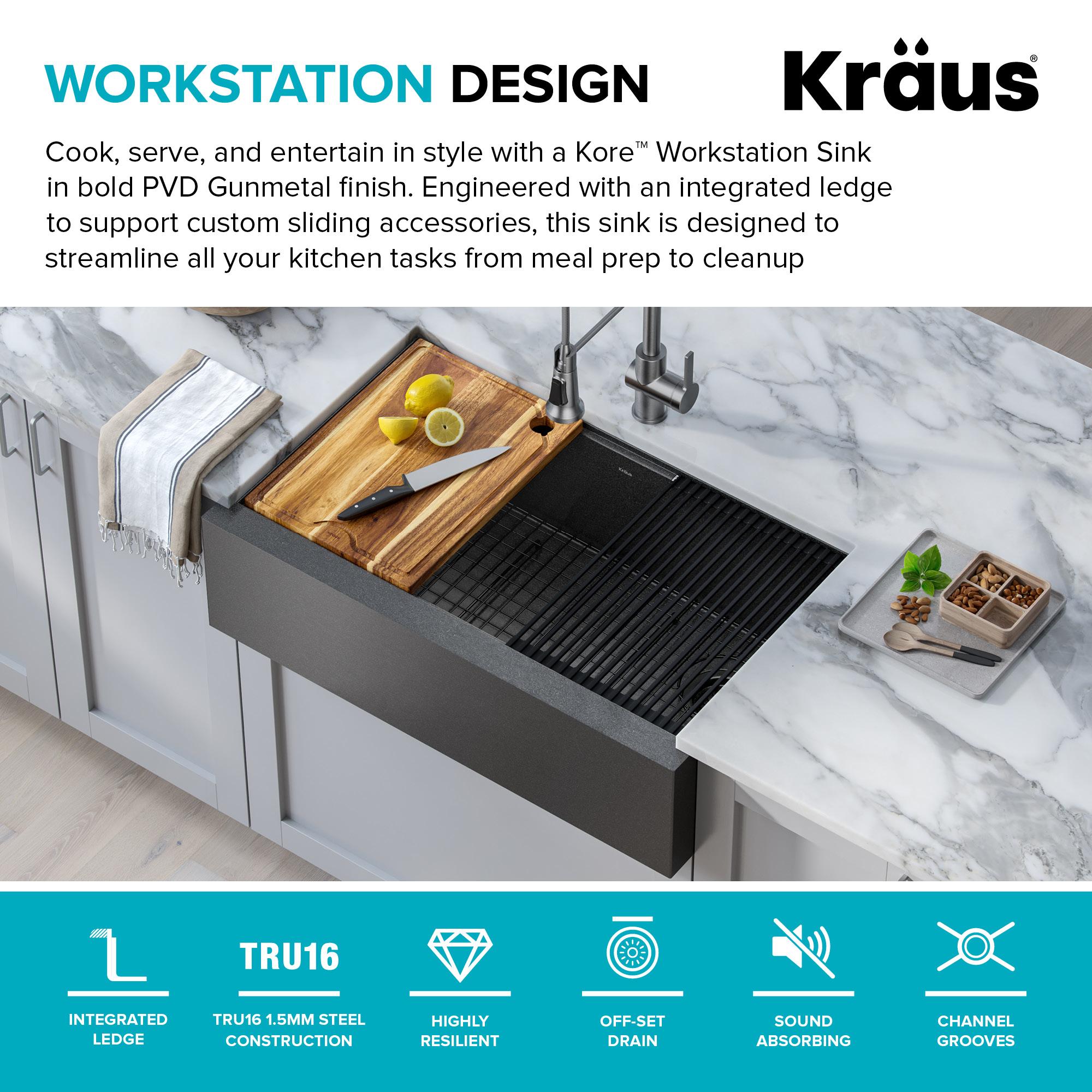 KRAUS Kore™ Workstation 33" L Farmhouse Modern Flat Apron Front 16 Gauge Black Stainless Steel Single Bowl Kitchen Sink