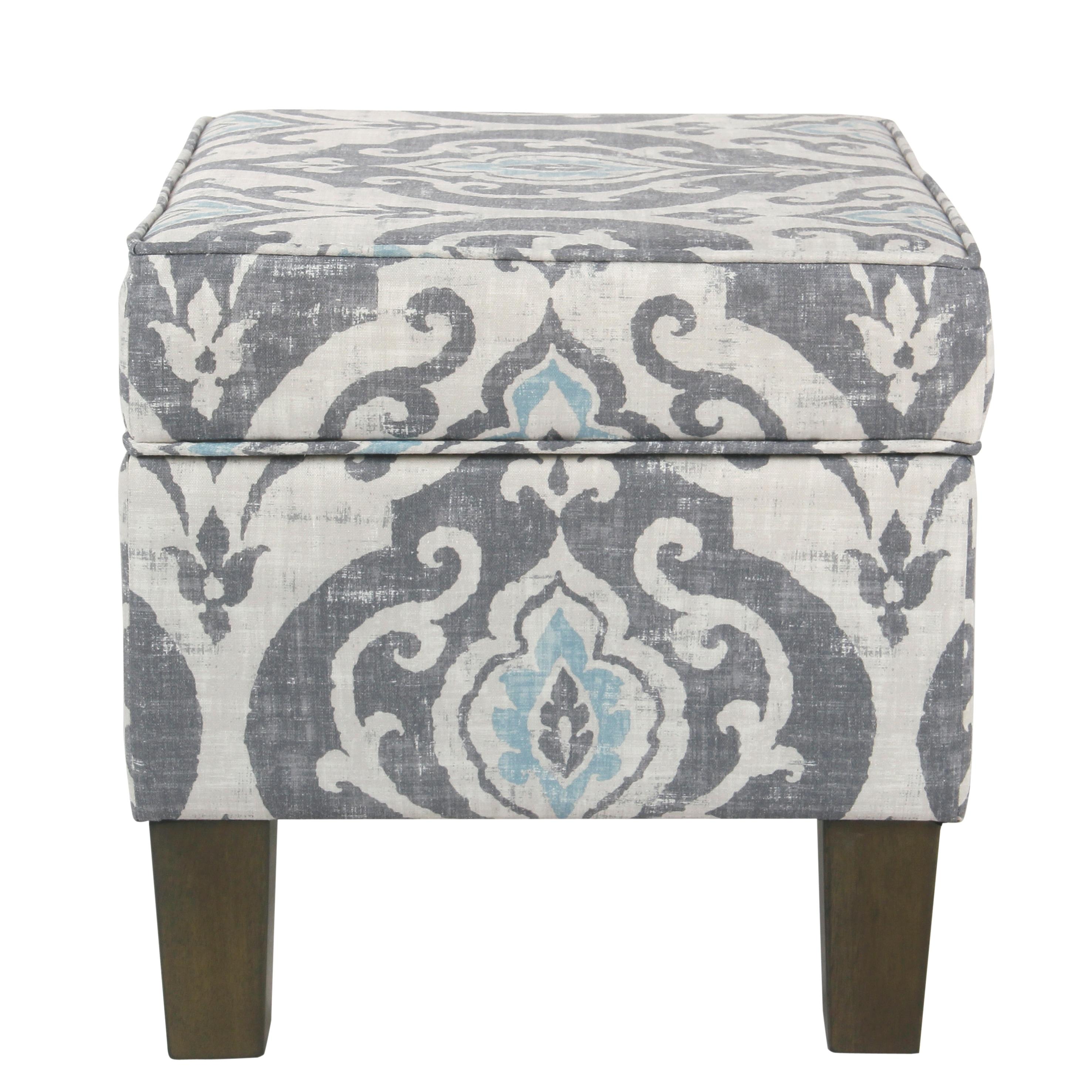 Medium Storage Ottoman Gray/Blue - HomePop: Upholstered Rectangular Footstool with Damask Pattern, Plywood & Hardwood Frame