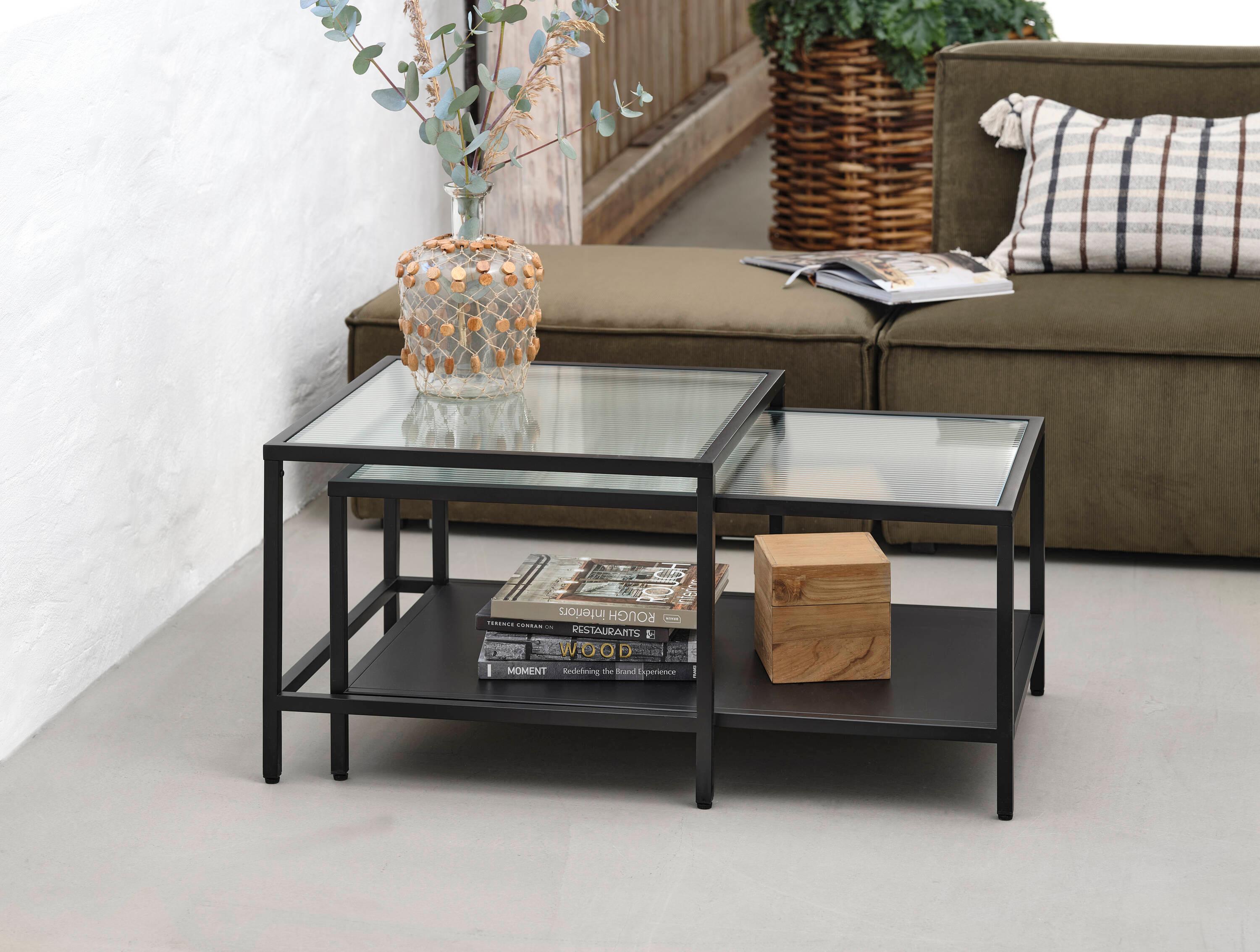 Unique Furniture Metal and Fluted Glass Nesting Coffee Table Set in Black