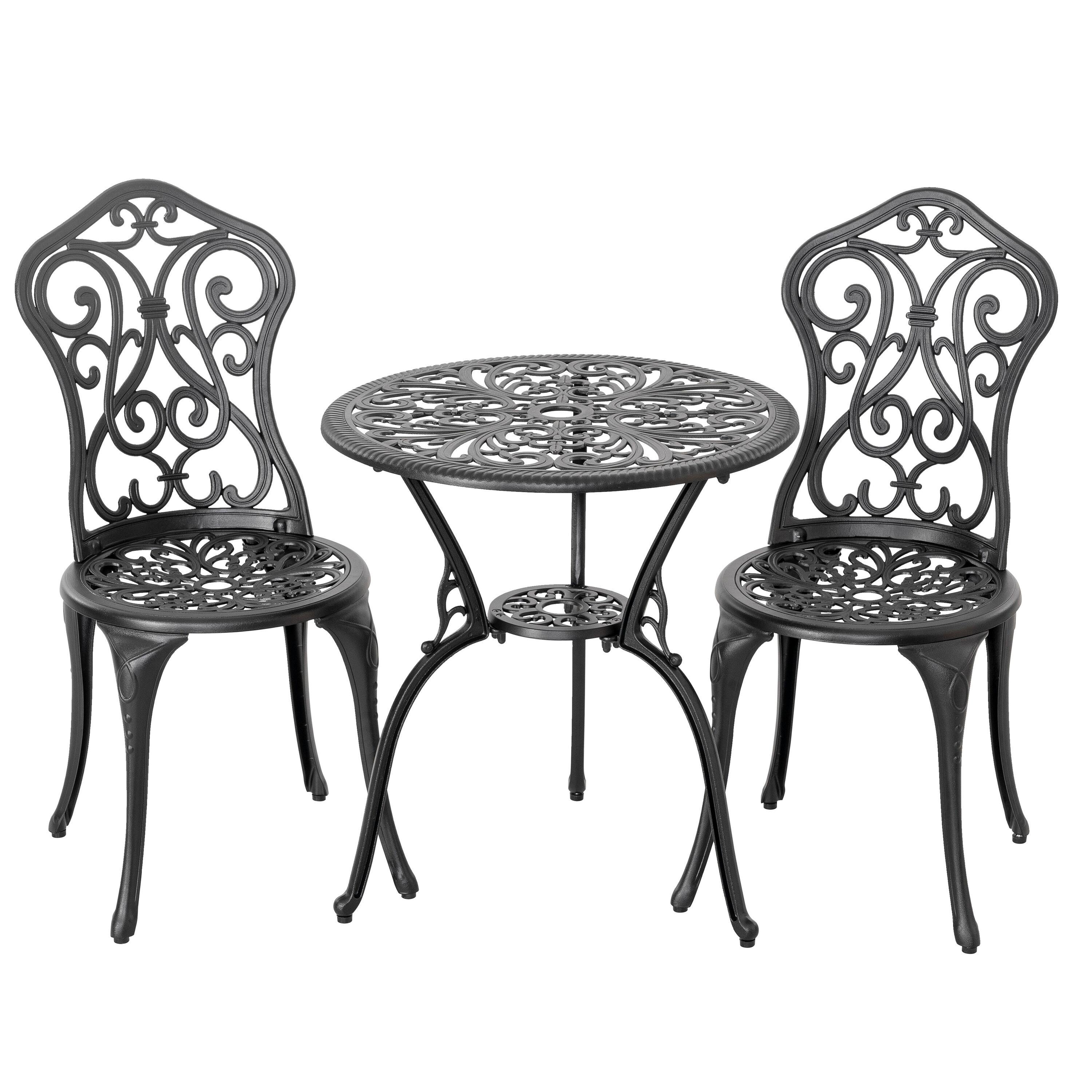 Black Cast Aluminum 3-Piece Outdoor Bistro Set with Floral Design