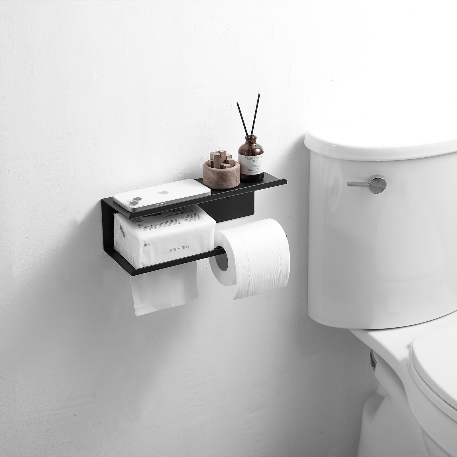 Modern Toilet Paper Holder with Anti-Rust Shelf Paper Roll Holder Toilet Tissue Holder Wipes Storage in Matte Black