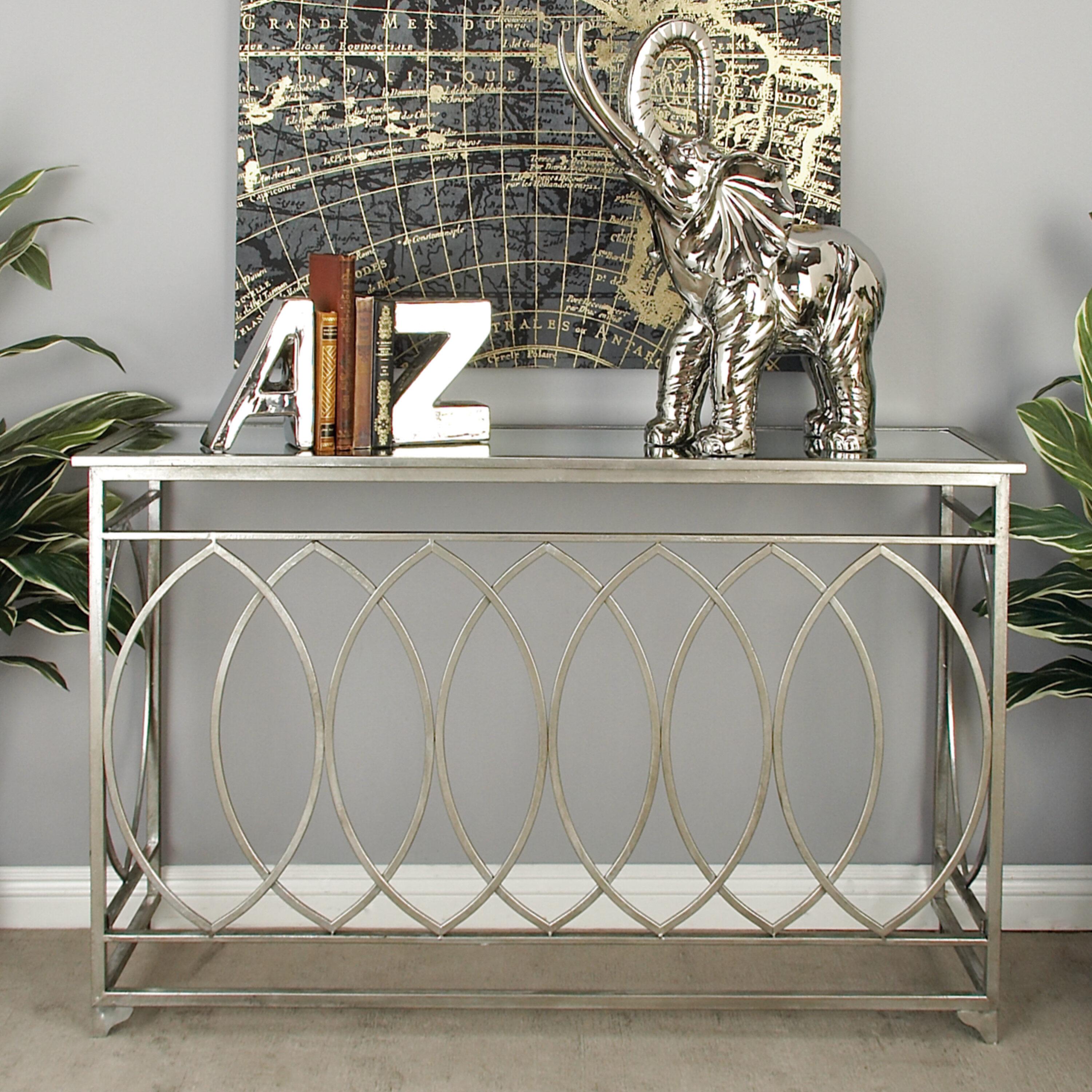 Metal Geometric Living Room Console Table with Mirrored Glass Top