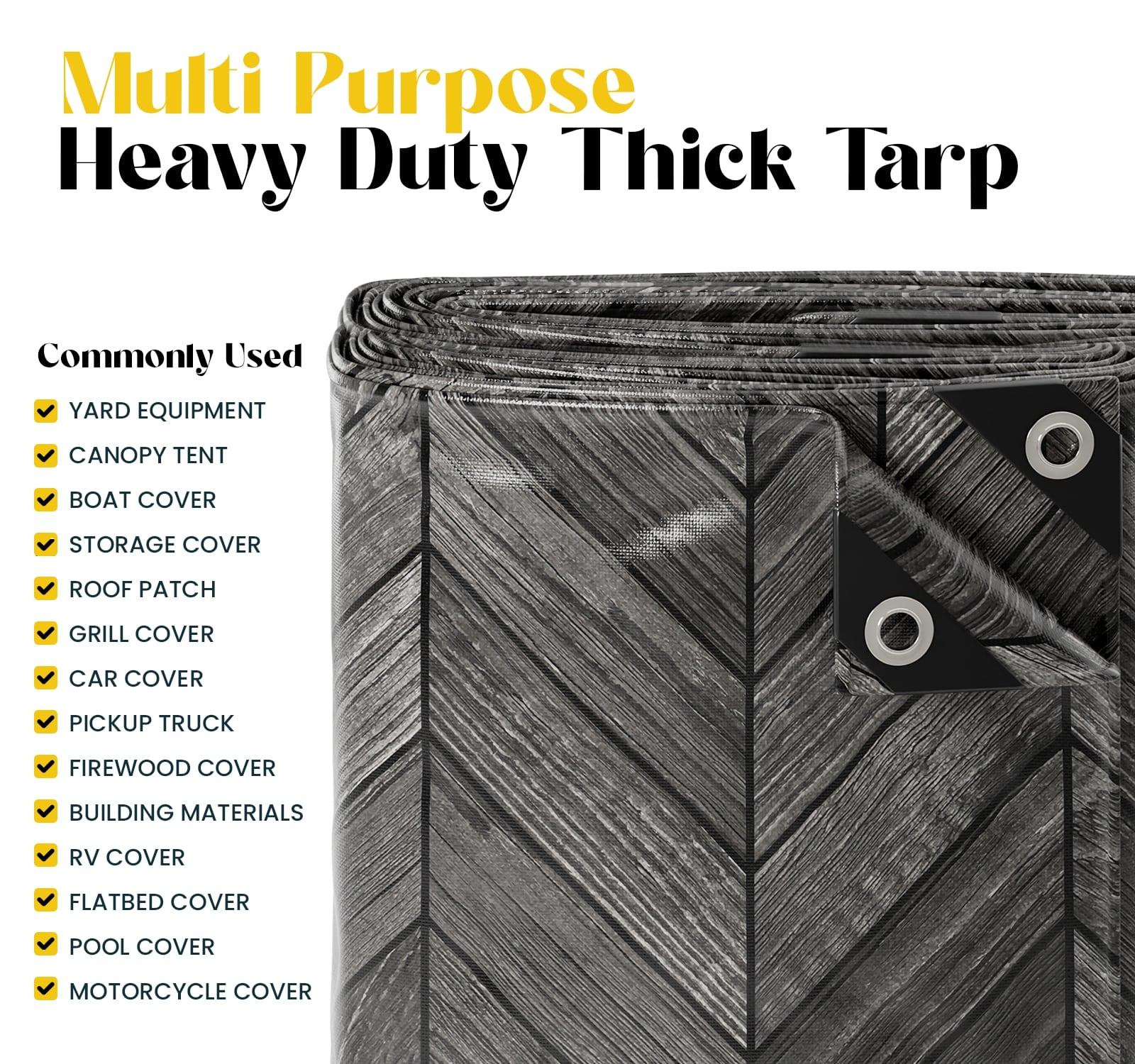 Core Tarps Extreme Heavy Duty 20 Mil Tarp Cover, Waterproof, UV Resistant, Rip and Tear Proof, Poly Tarpaulin with Reinforced Edges for Roof, Camping, Patio, Pool , Boat (Grey Wood/Black 12′ X 20′)