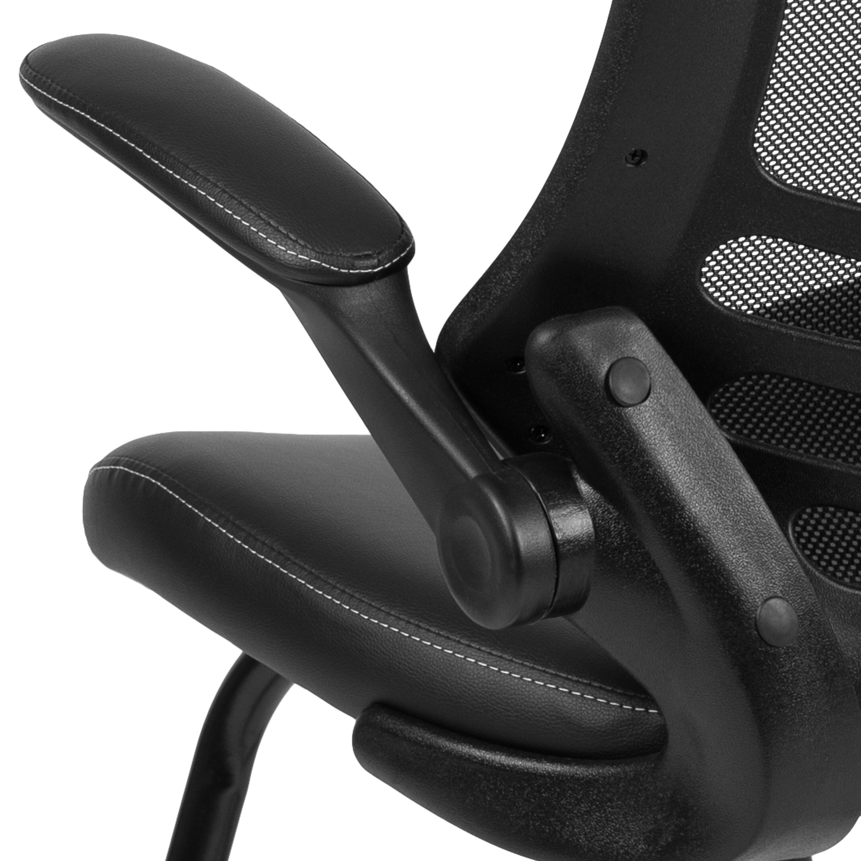 Flash Furniture Kelista Black Mesh Sled Base Side Reception Chair with White Stitched LeatherSoft Seat and Flip-Up Arms
