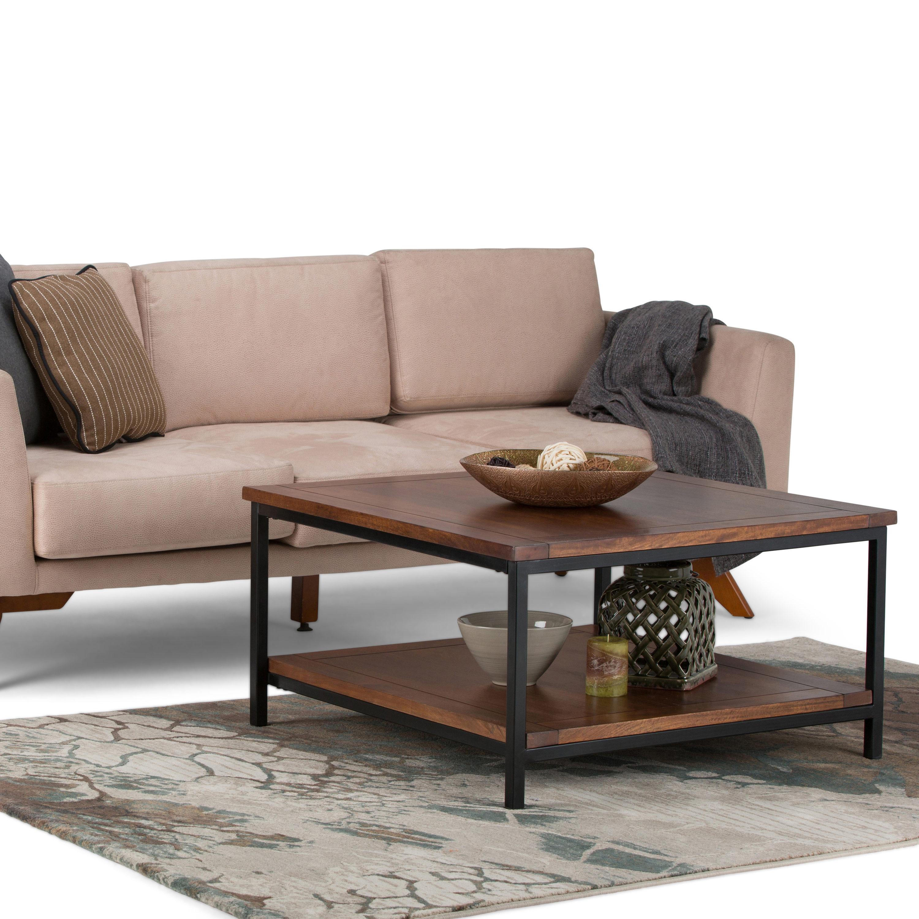 Simpli Home Skyler 34"W Solid Mango Wood Industrial Square Coffee Table with Open Shelf and Metal Frame
