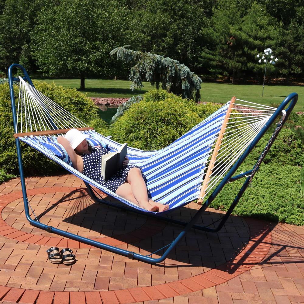 Sunnydaze Outdoor 2-Person Double Polyester Quilted Hammock with Wood Spreader Bar and Matte Blue Steel Multi-Use Stand - Catalina Beach